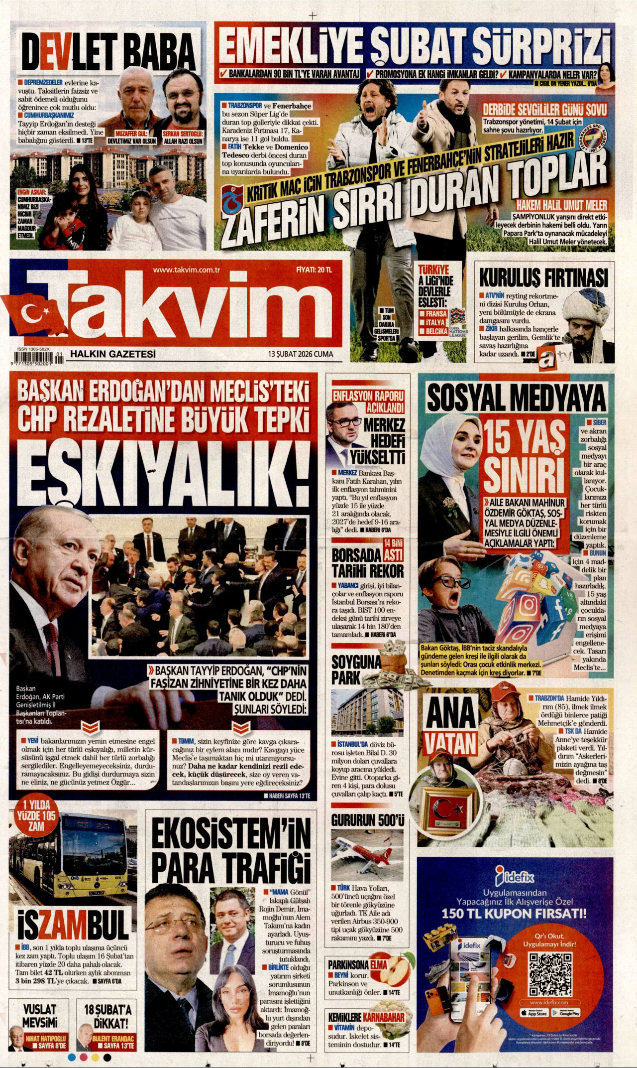 TAKVİM gazetesinin 13 Şubat 2026 tarihli birinci sayfası