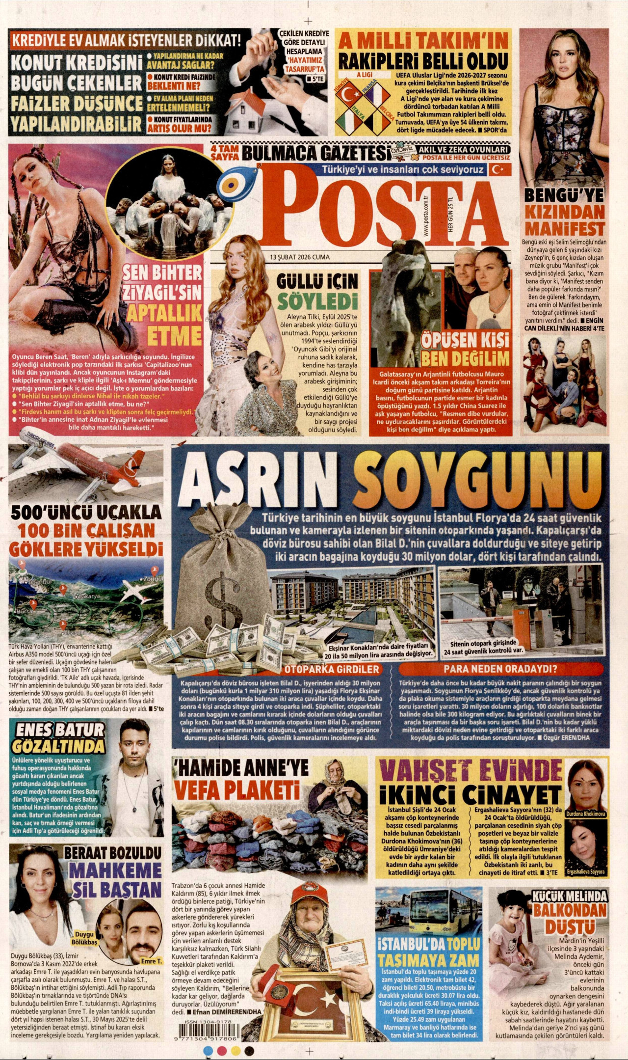 POSTA gazetesinin 13 Şubat 2026 tarihli birinci sayfası