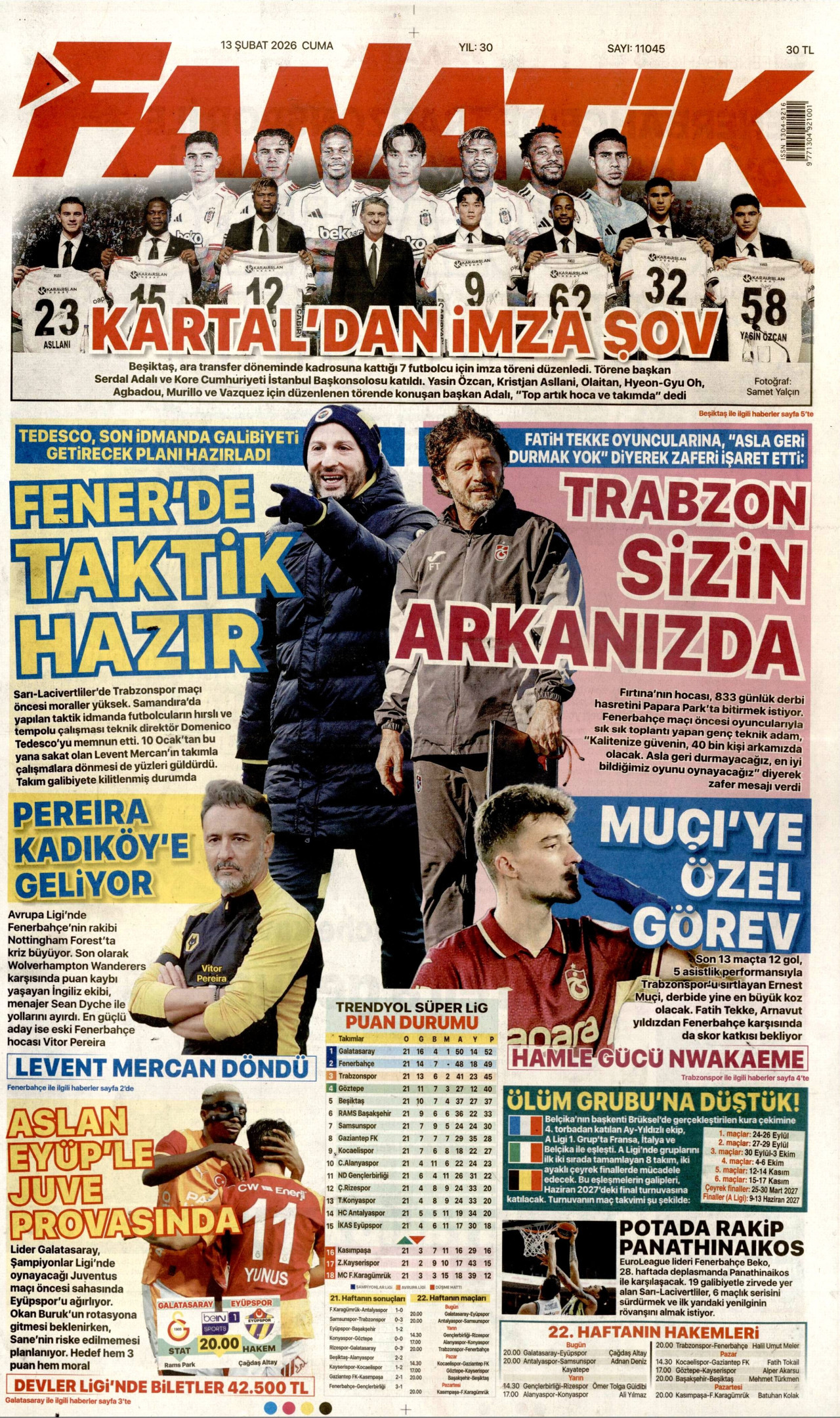 FANATİK gazetesinin 13 Şubat 2026 tarihli birinci sayfası
