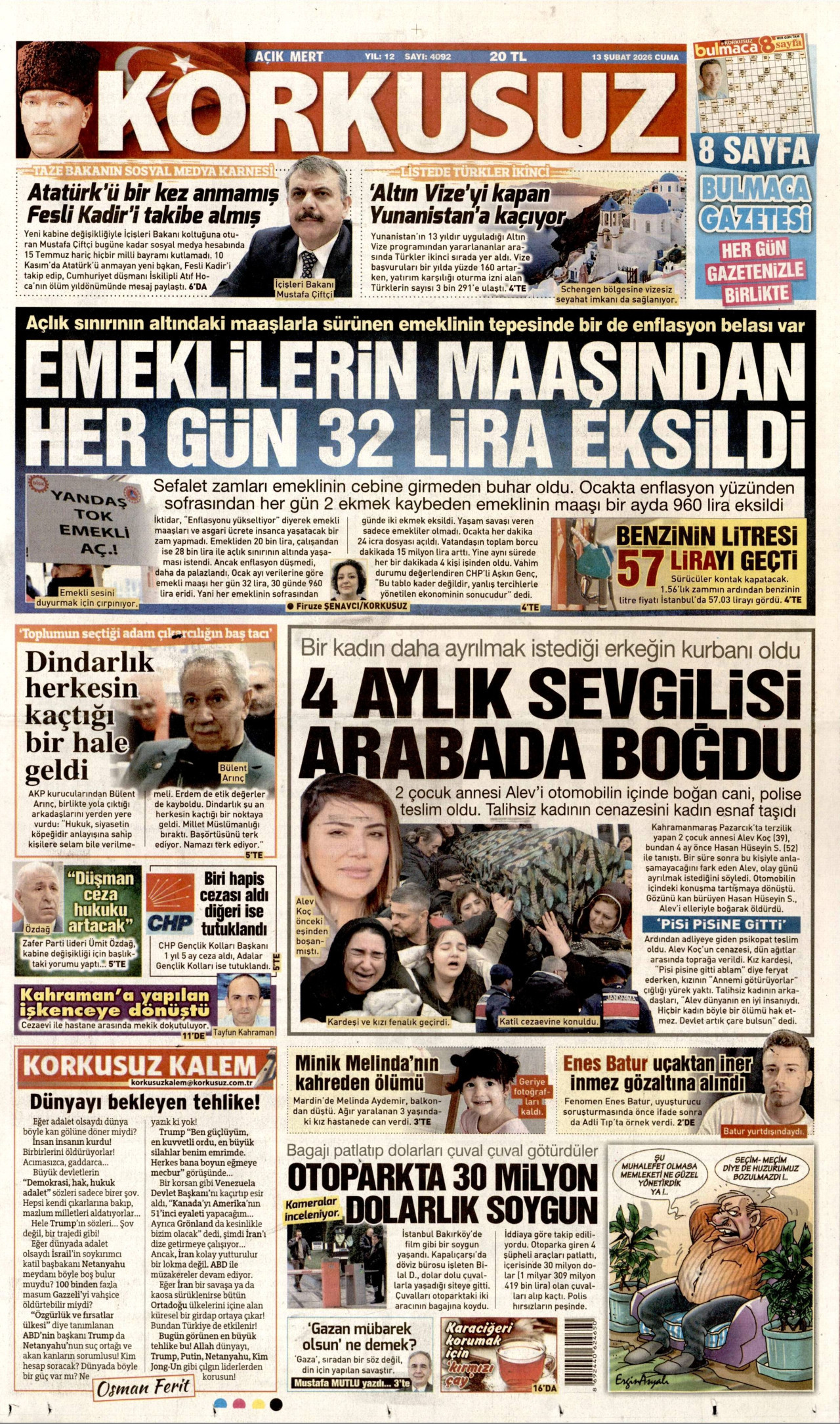 KORKUSUZ gazetesinin 13 Şubat 2026 tarihli birinci sayfası