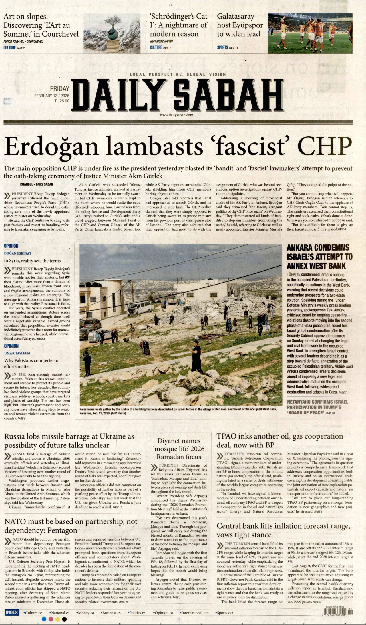 DAİLY SABAH gazetesinin 13 Şubat 2026 tarihli birinci sayfası