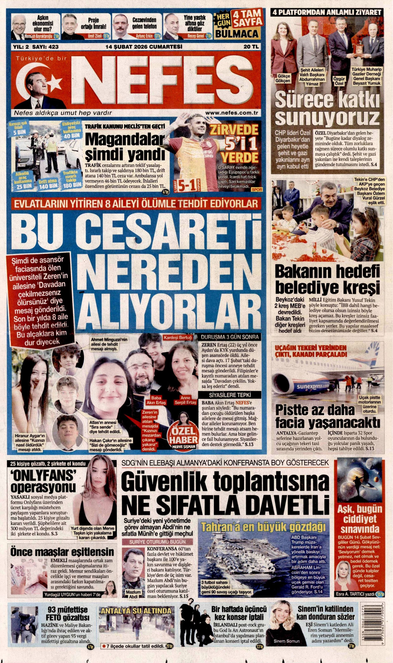 NEFES gazetesinin 14 Şubat 2026 tarihli birinci sayfası