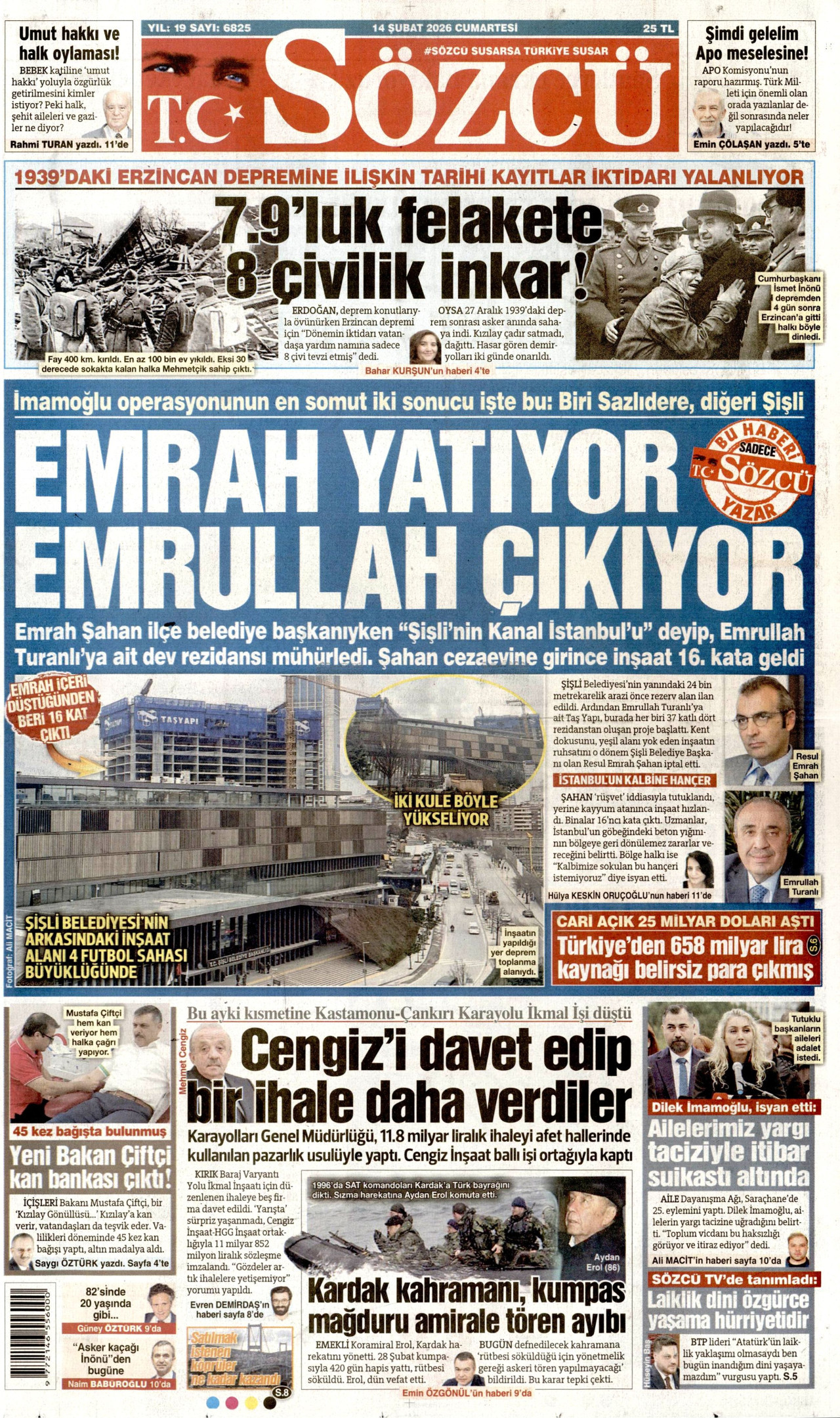 SÖZCÜ gazetesinin 14 Şubat 2026 tarihli birinci sayfası