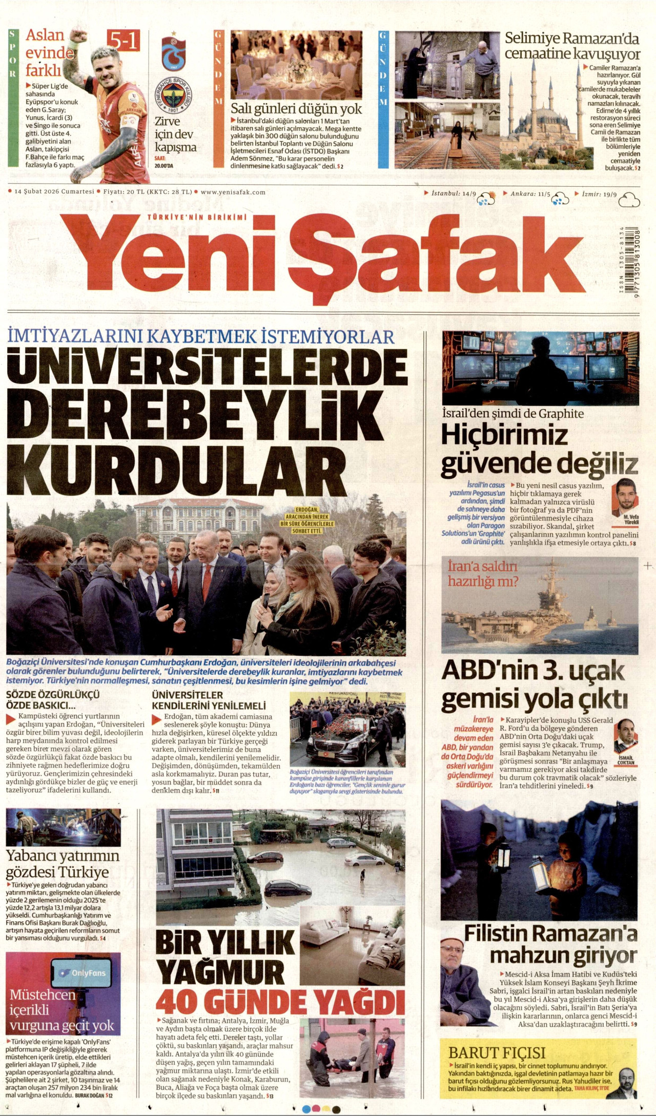 YENİ ŞAFAK gazetesinin 14 Şubat 2026 tarihli birinci sayfası