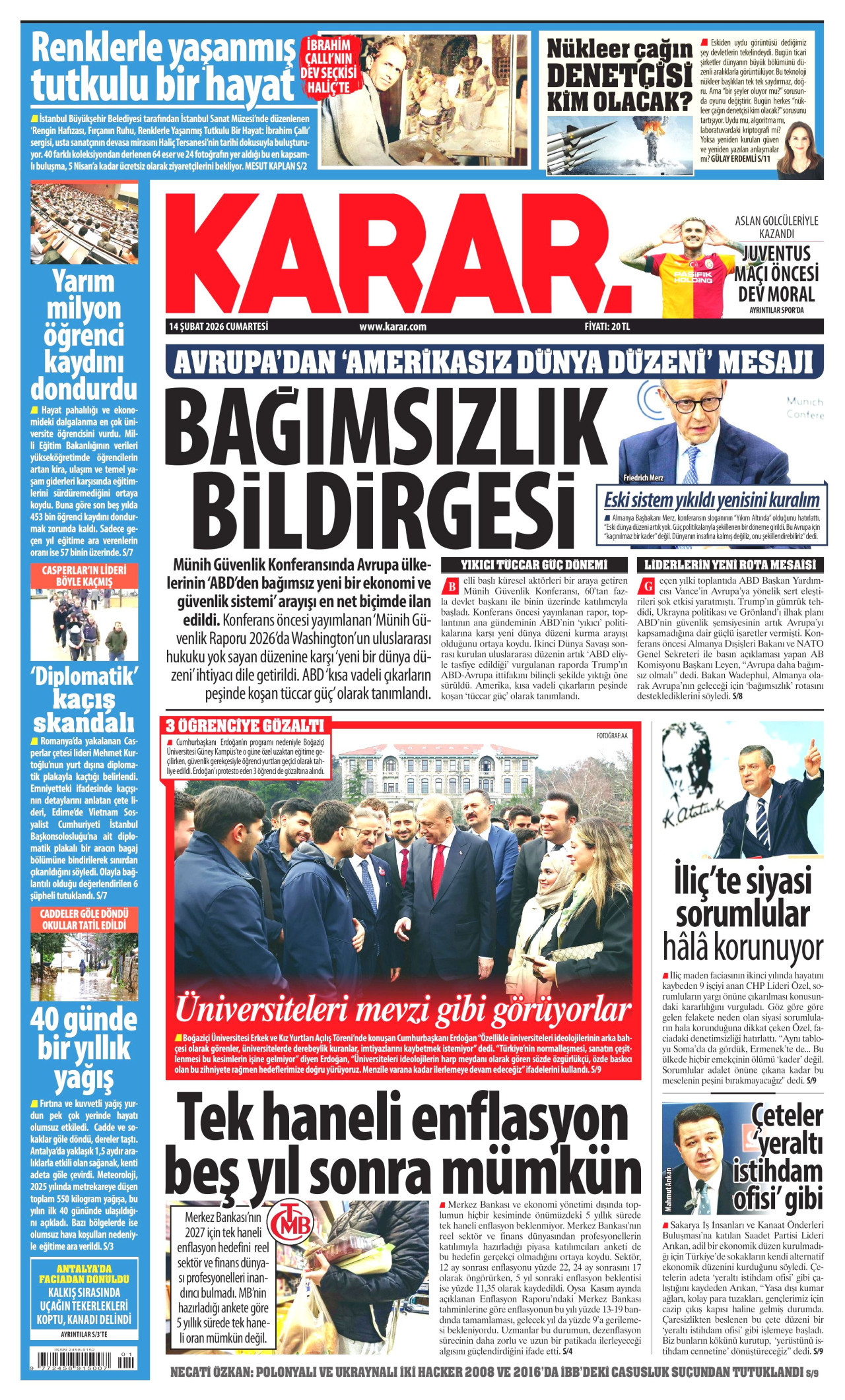 KARAR gazetesinin 14 Şubat 2026 tarihli birinci sayfası