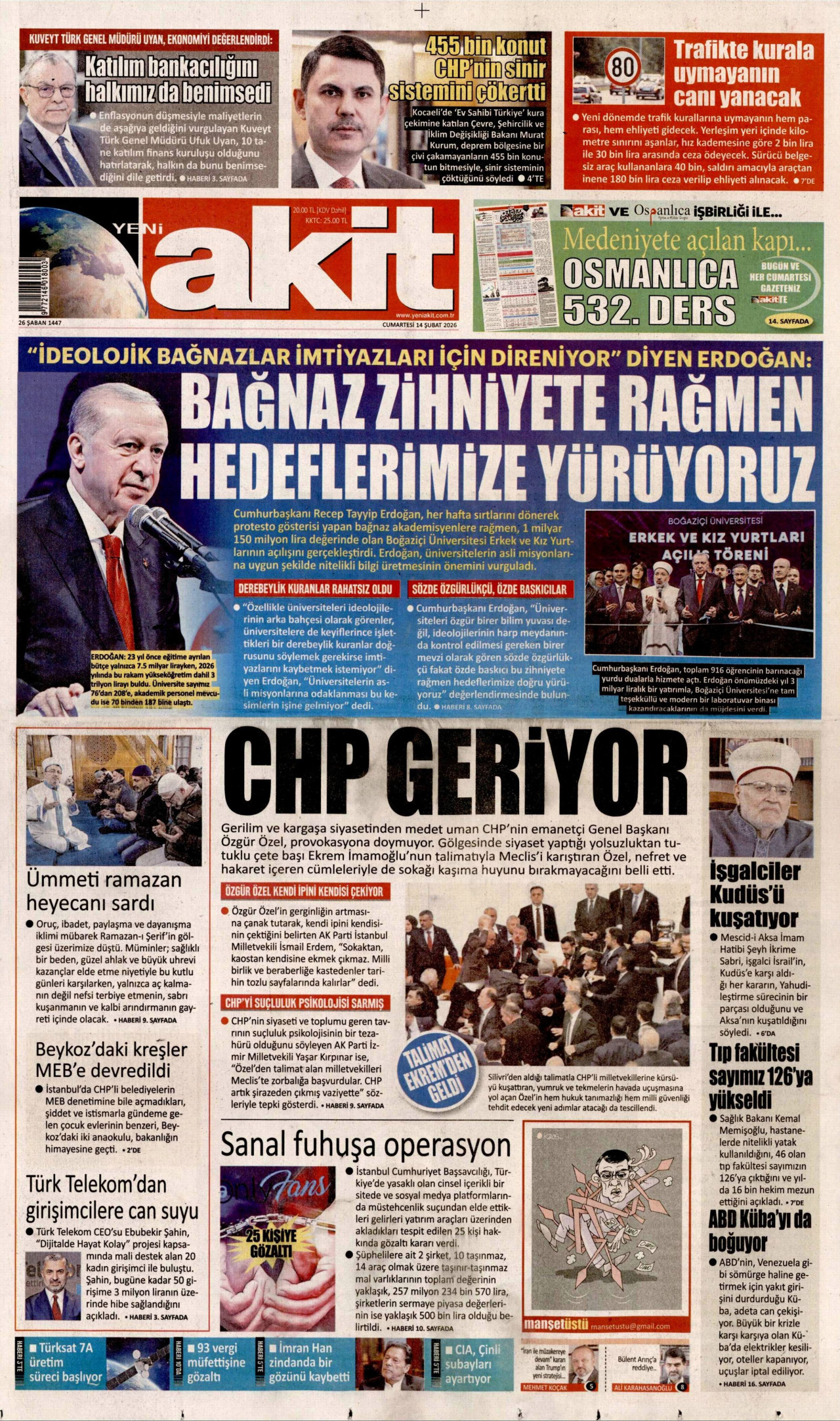 YENİ AKİT gazetesinin 14 Şubat 2026 tarihli birinci sayfası