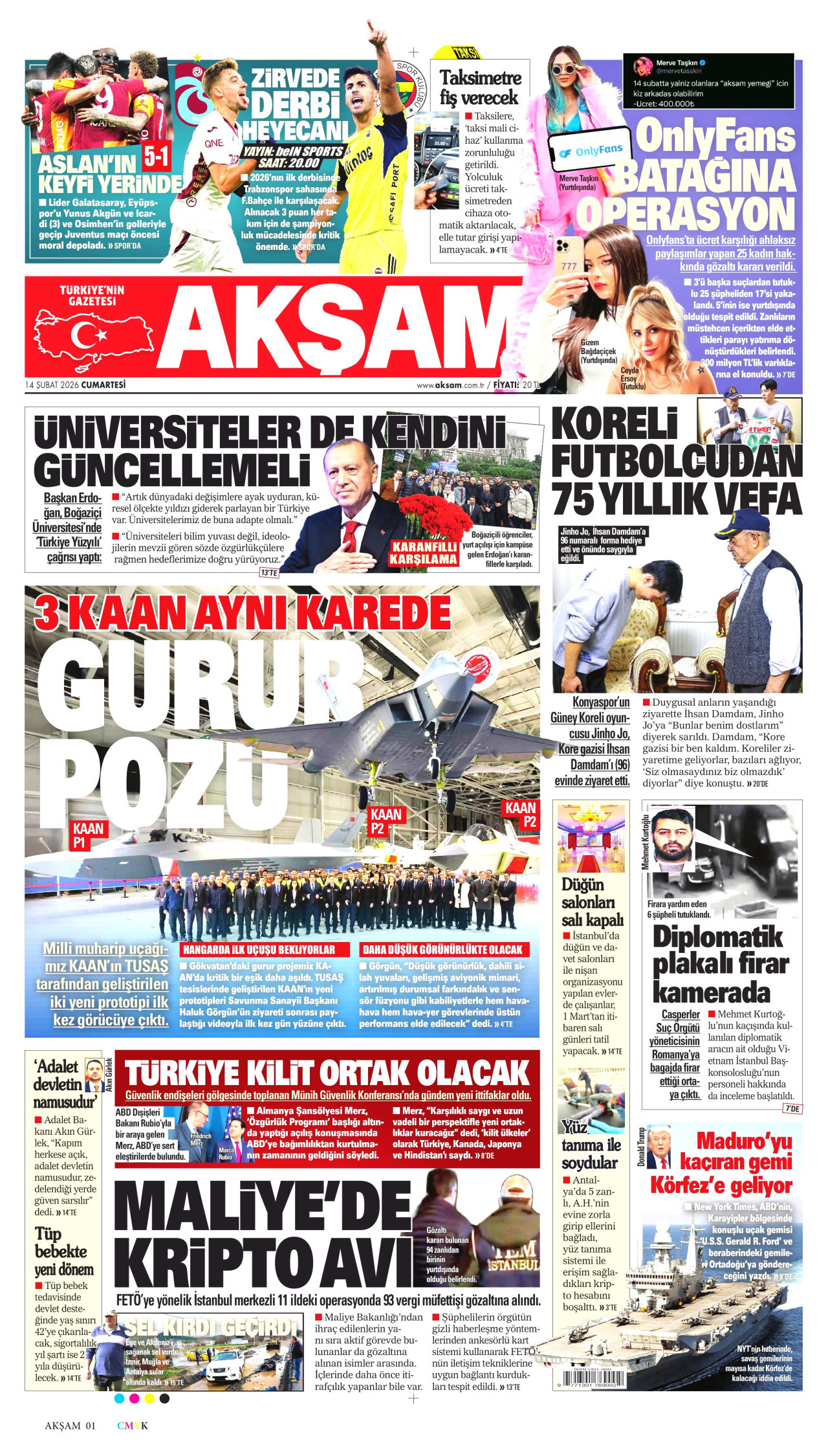 AKŞAM gazetesinin 14 Şubat 2026 tarihli birinci sayfası