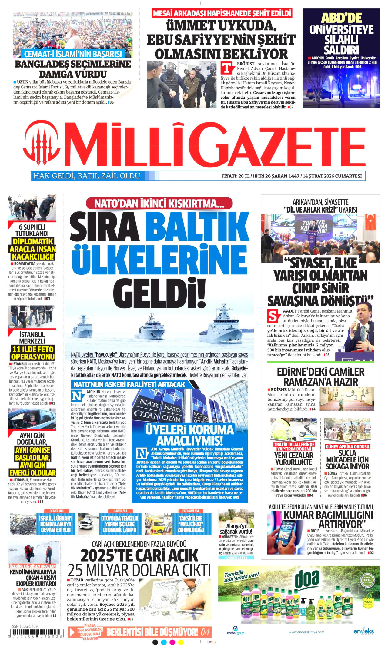 MİLLİ GAZETE gazetesinin 14 Şubat 2026 tarihli birinci sayfası