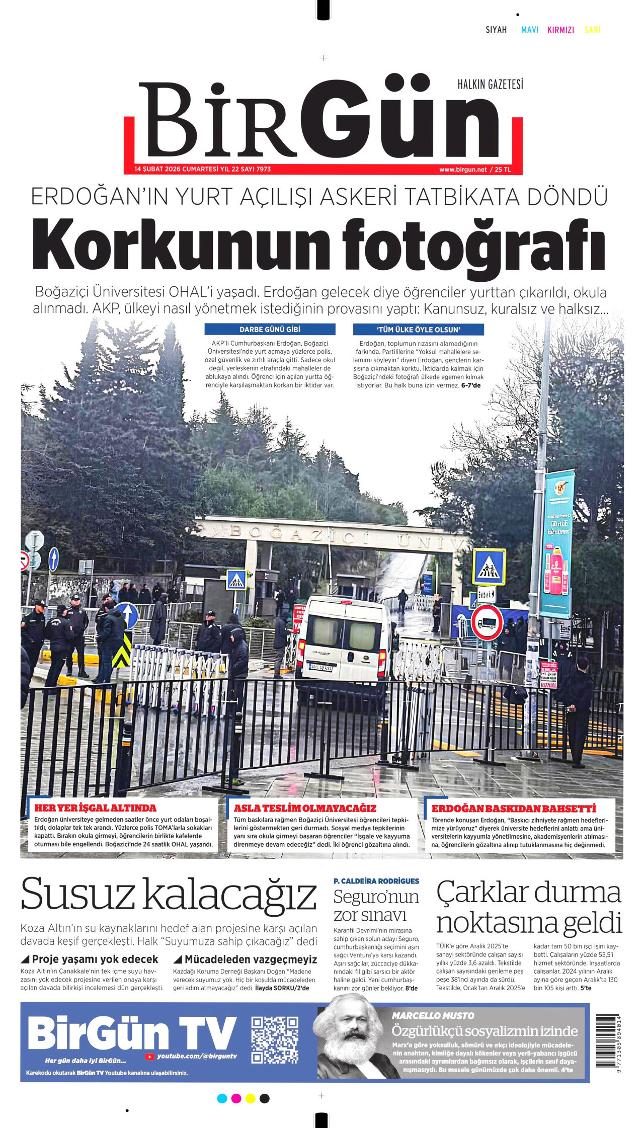 BİRGÜN gazetesinin 14 Şubat 2026 tarihli birinci sayfası