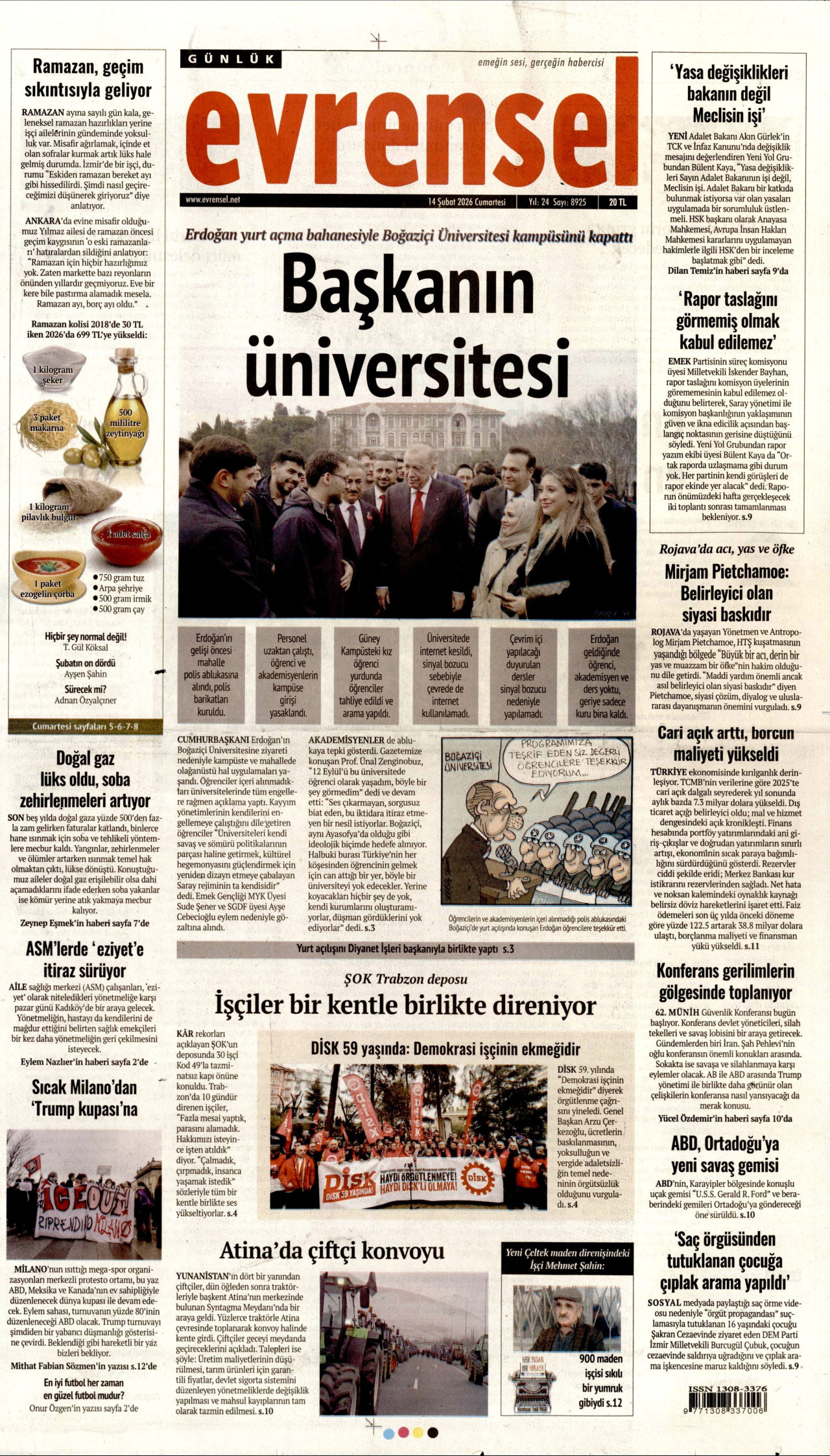 EVRENSEL gazetesinin 14 Şubat 2026 tarihli birinci sayfası