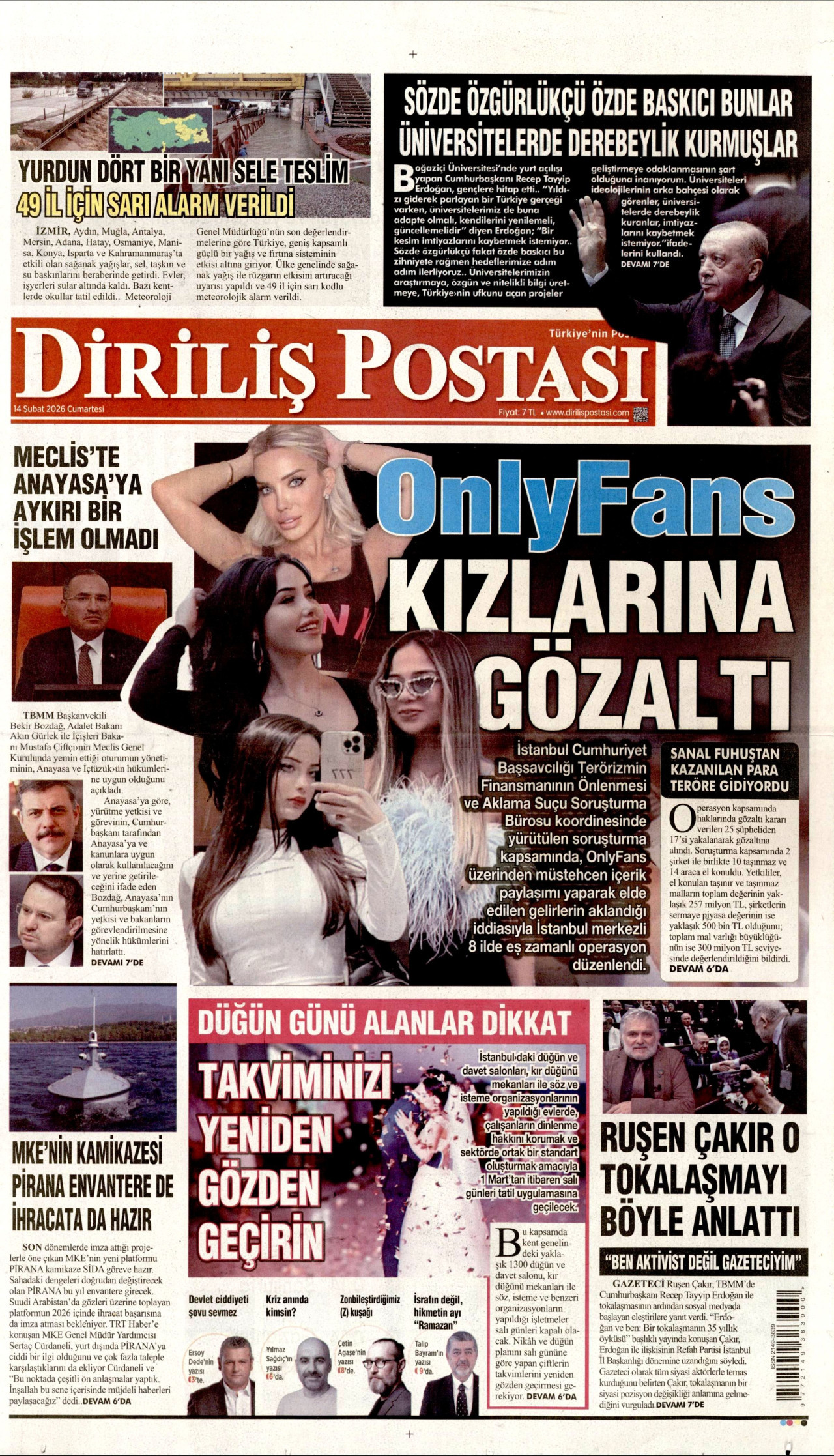 DİRİLİŞ POSTASI gazetesinin 14 Şubat 2026 tarihli birinci sayfası