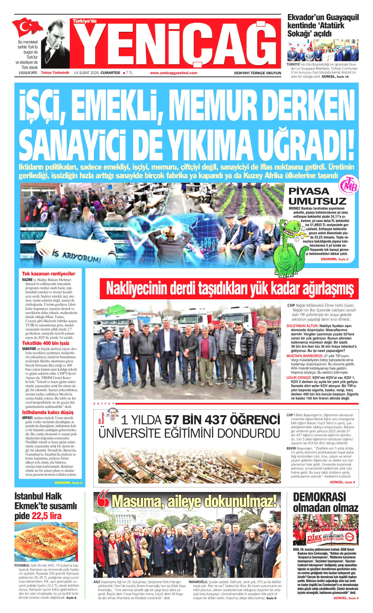 YENİÇAĞ gazetesinin 14 Şubat 2026 tarihli birinci sayfası