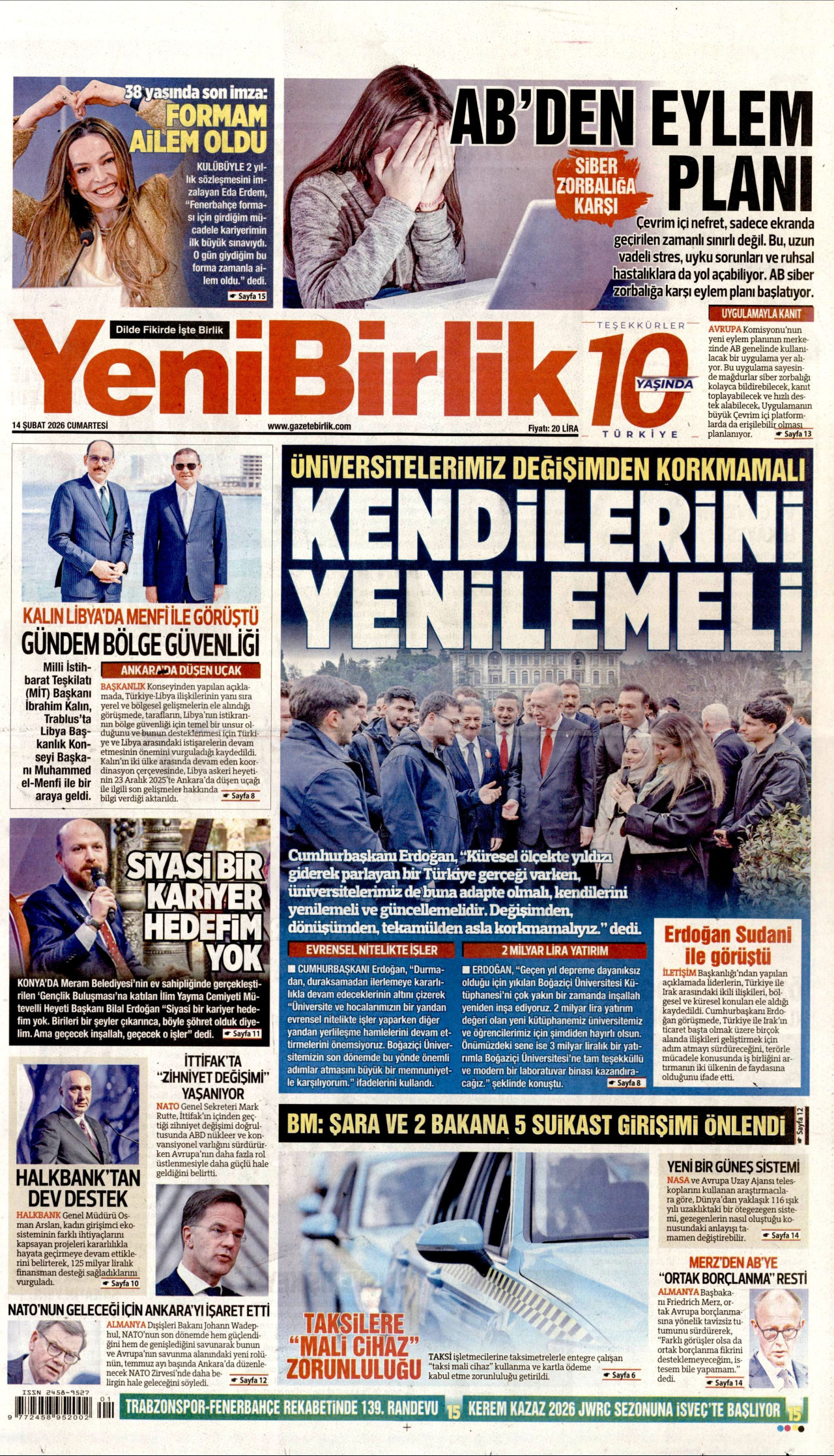 YENİBİRLİK gazetesinin 14 Şubat 2026 tarihli birinci sayfası