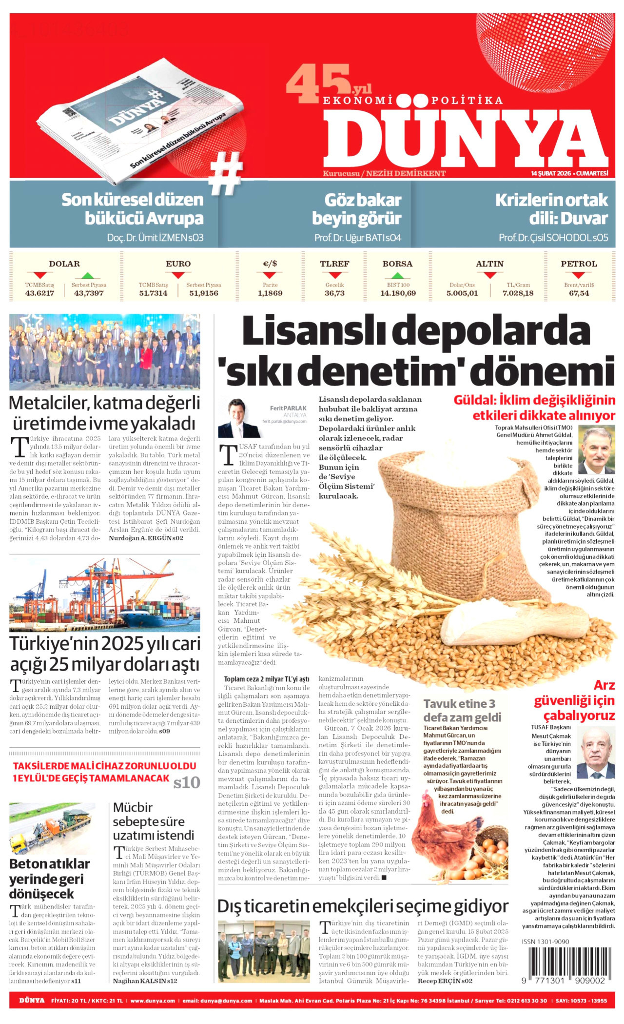 DÜNYA gazetesinin 14 Şubat 2026 tarihli birinci sayfası