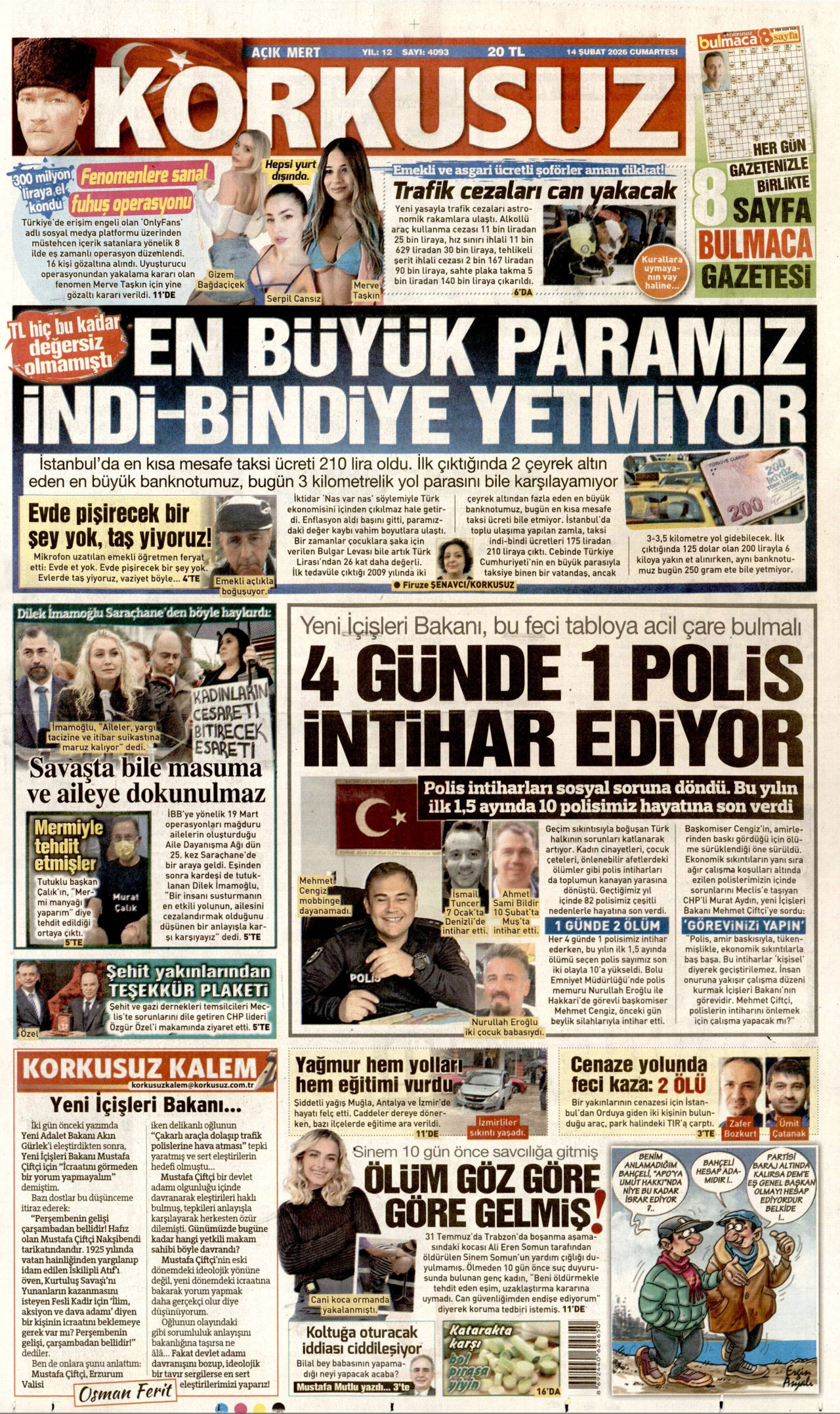 KORKUSUZ gazetesinin 14 Şubat 2026 tarihli birinci sayfası