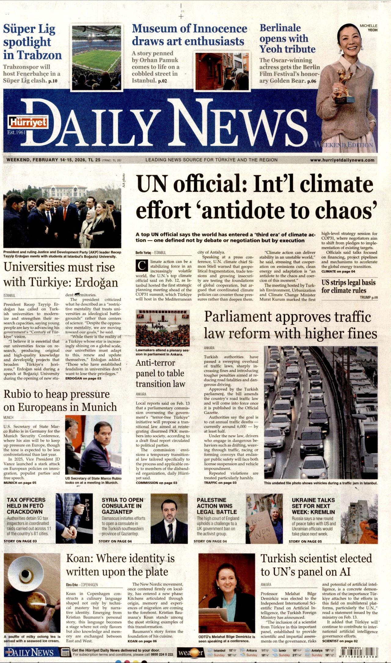 HÜRRİYET DAİLY NEWS gazetesinin 14 Şubat 2026 tarihli birinci sayfası
