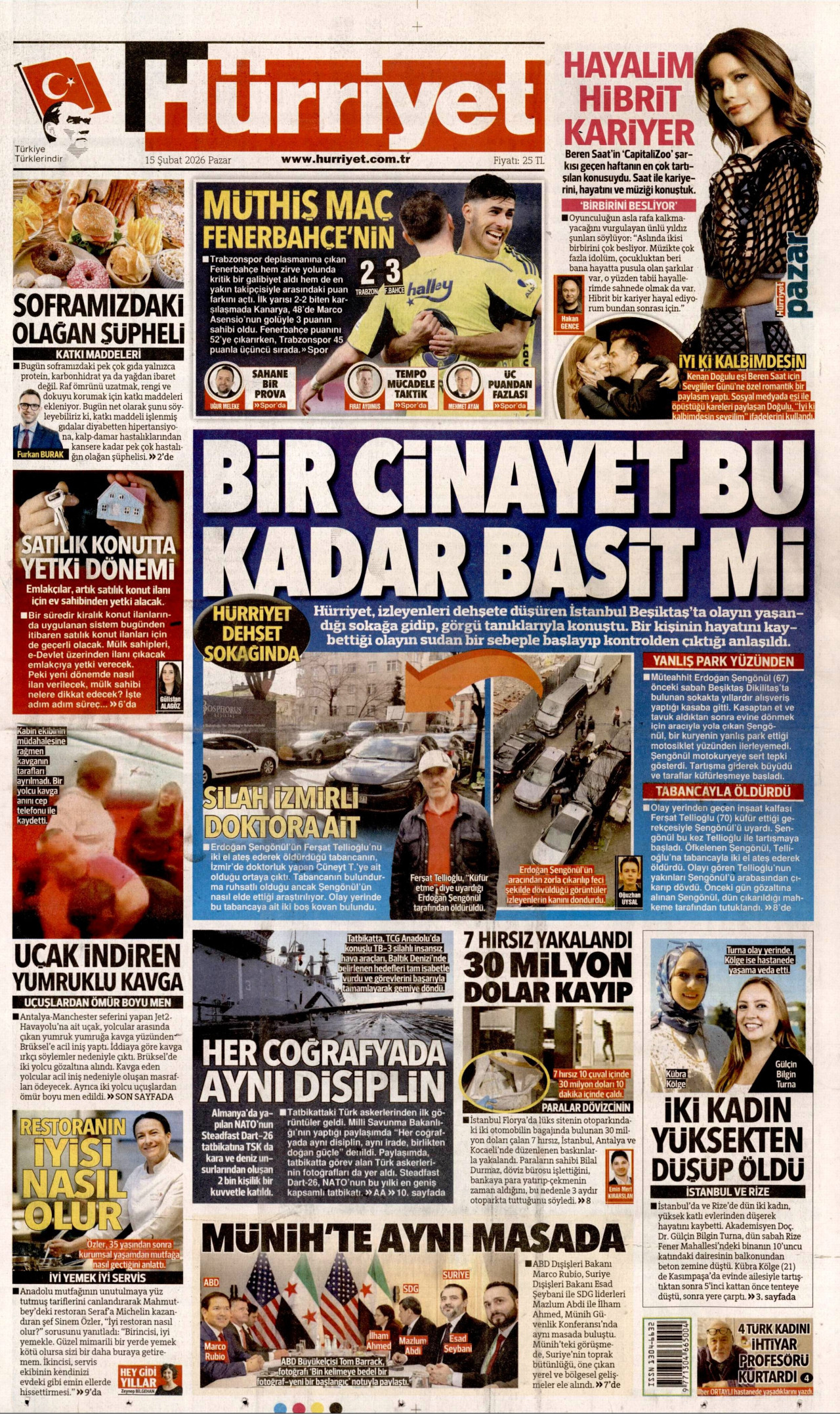HÜRRİYET gazetesinin 15 Şubat 2026 tarihli birinci sayfası
