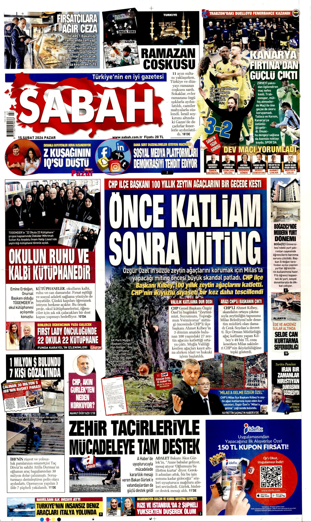 SABAH gazetesinin 15 Şubat 2026 tarihli birinci sayfası