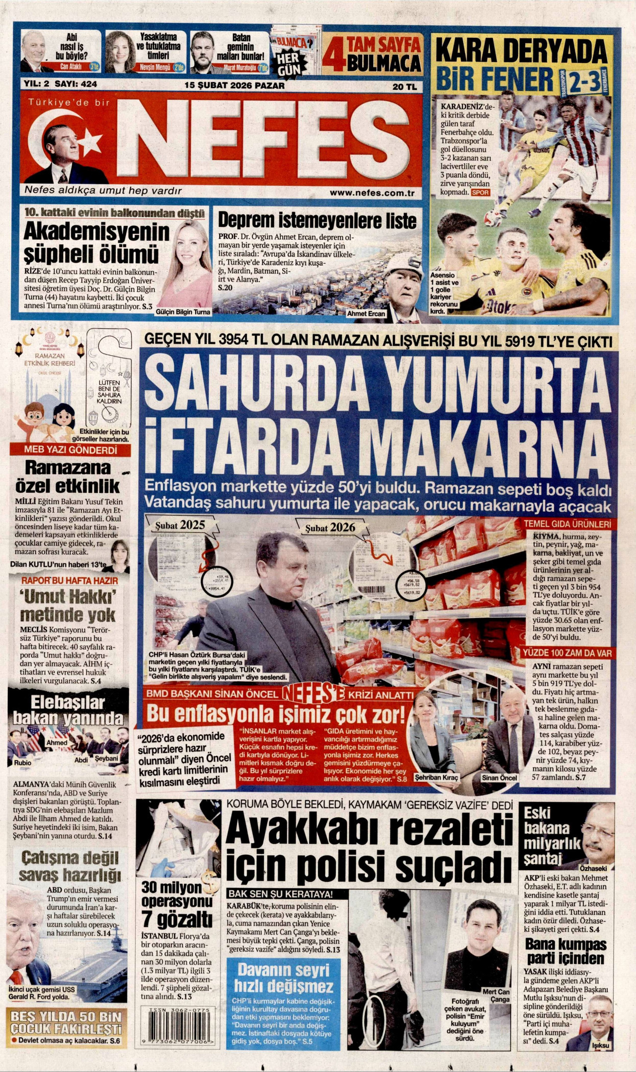 NEFES gazetesinin 15 Şubat 2026 tarihli birinci sayfası