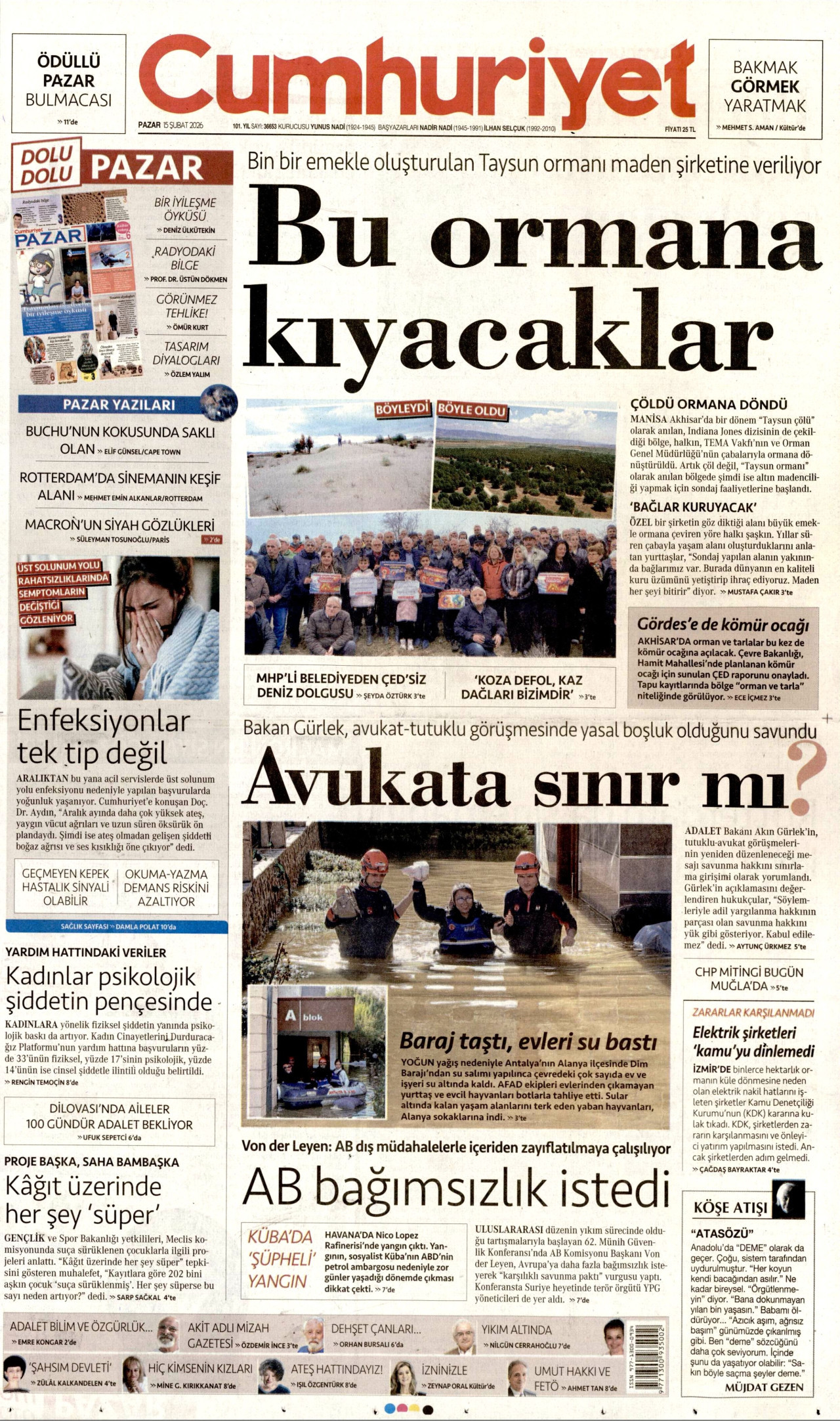 CUMHURİYET gazetesinin 15 Şubat 2026 tarihli birinci sayfası