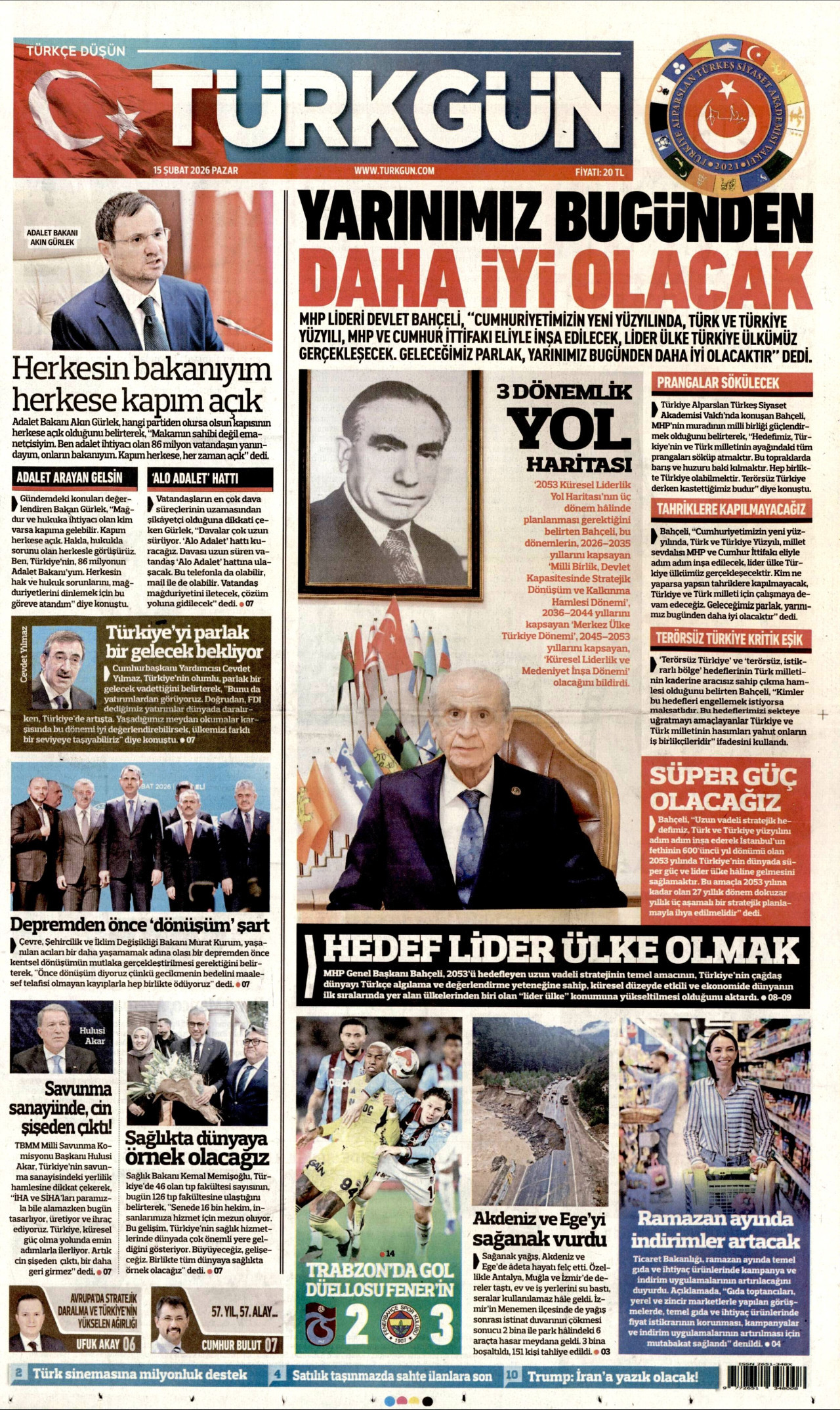 TÜRKGÜN gazetesinin 15 Şubat 2026 tarihli birinci sayfası