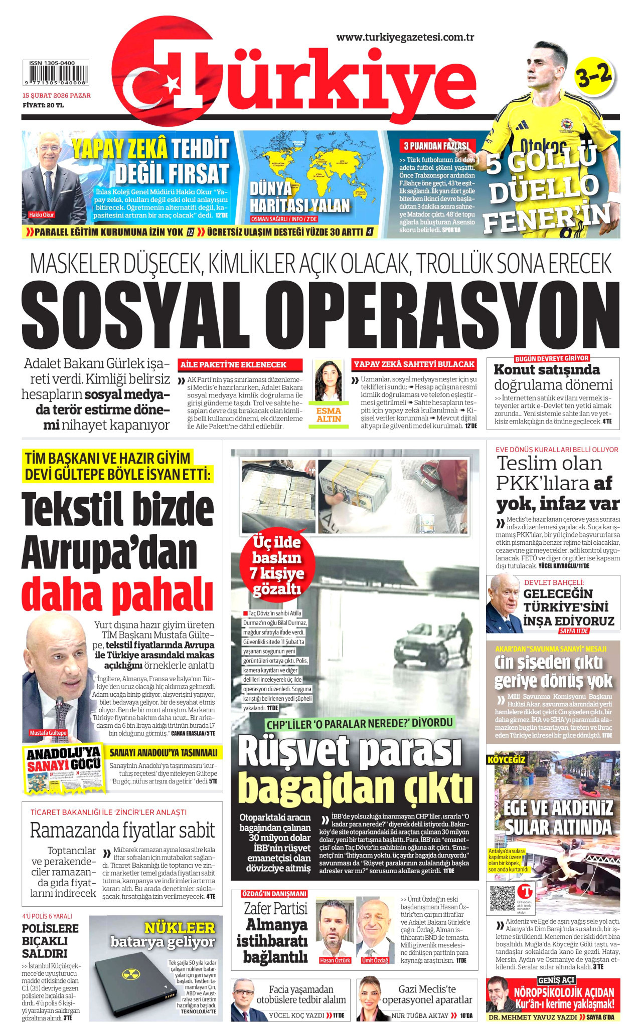 TÜRKİYE GAZETESİ gazetesinin 15 Şubat 2026 tarihli birinci sayfası