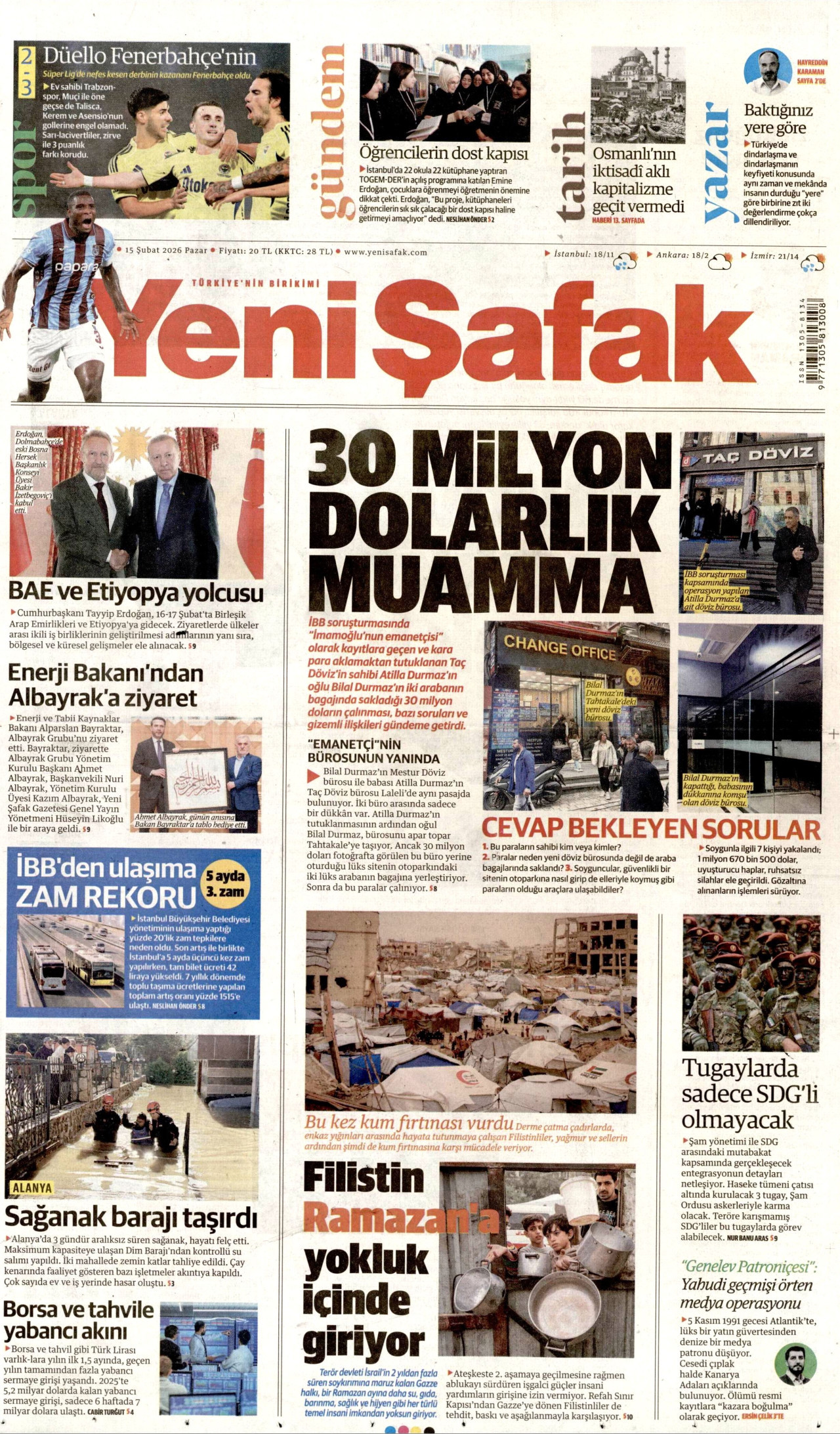 YENİ ŞAFAK gazetesinin 15 Şubat 2026 tarihli birinci sayfası