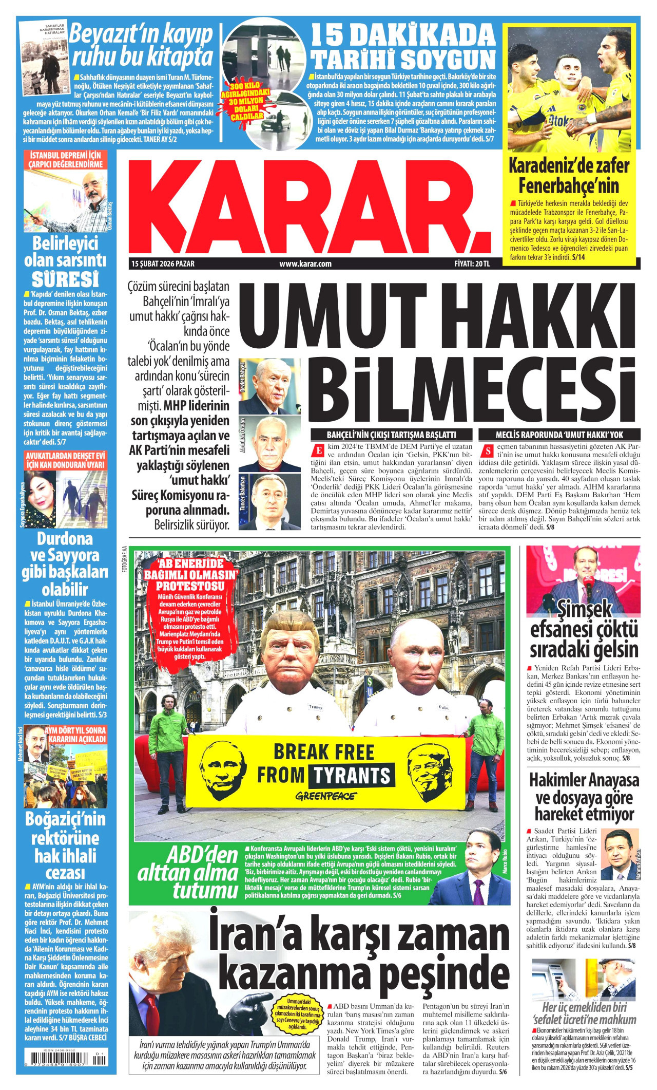 KARAR gazetesinin 15 Şubat 2026 tarihli birinci sayfası