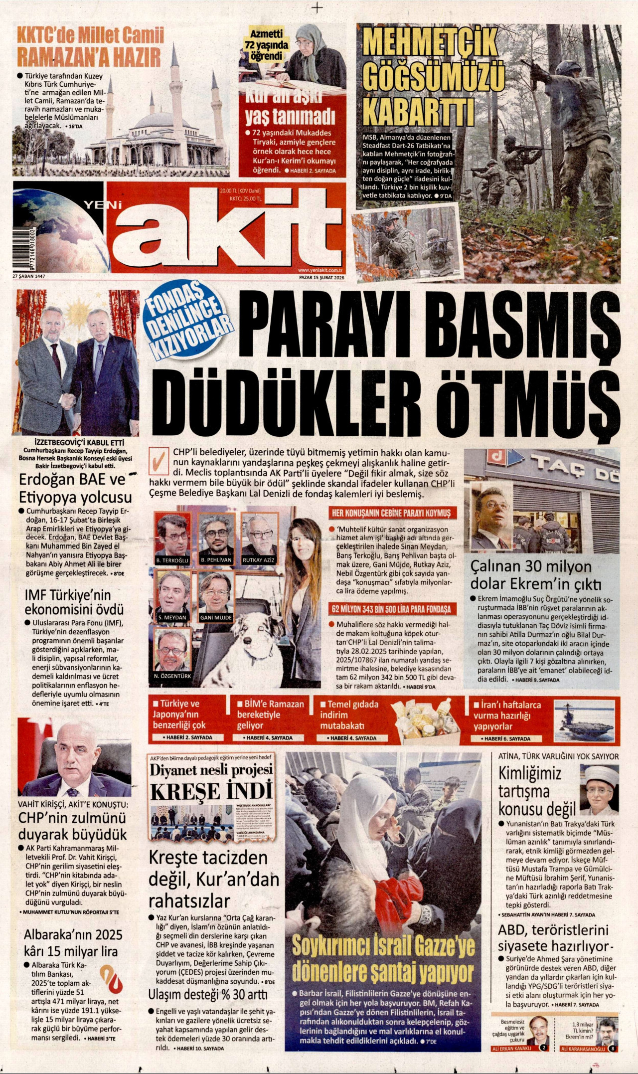 YENİ AKİT gazetesinin 15 Şubat 2026 tarihli birinci sayfası