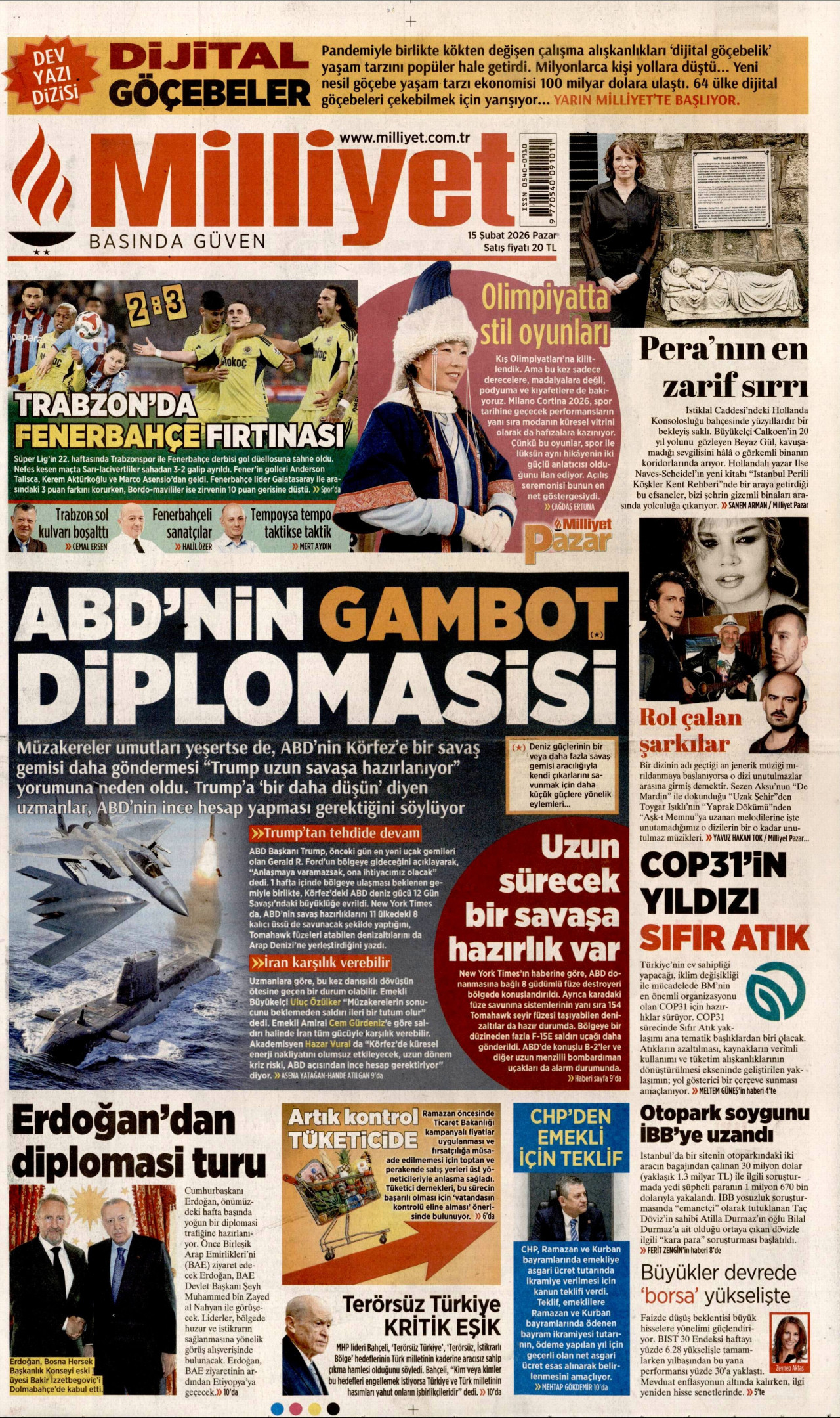 MİLLİYET gazetesinin 15 Şubat 2026 tarihli birinci sayfası