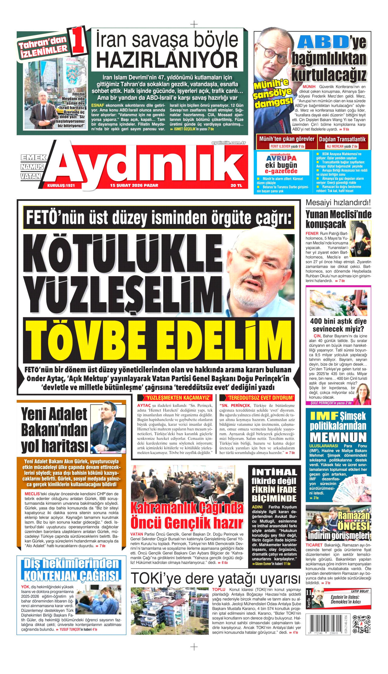 AYDINLIK GAZETESİ gazetesinin 15 Şubat 2026 tarihli birinci sayfası