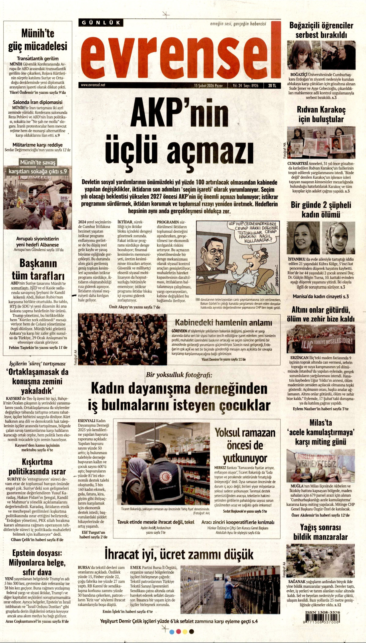 EVRENSEL gazetesinin 15 Şubat 2026 tarihli birinci sayfası