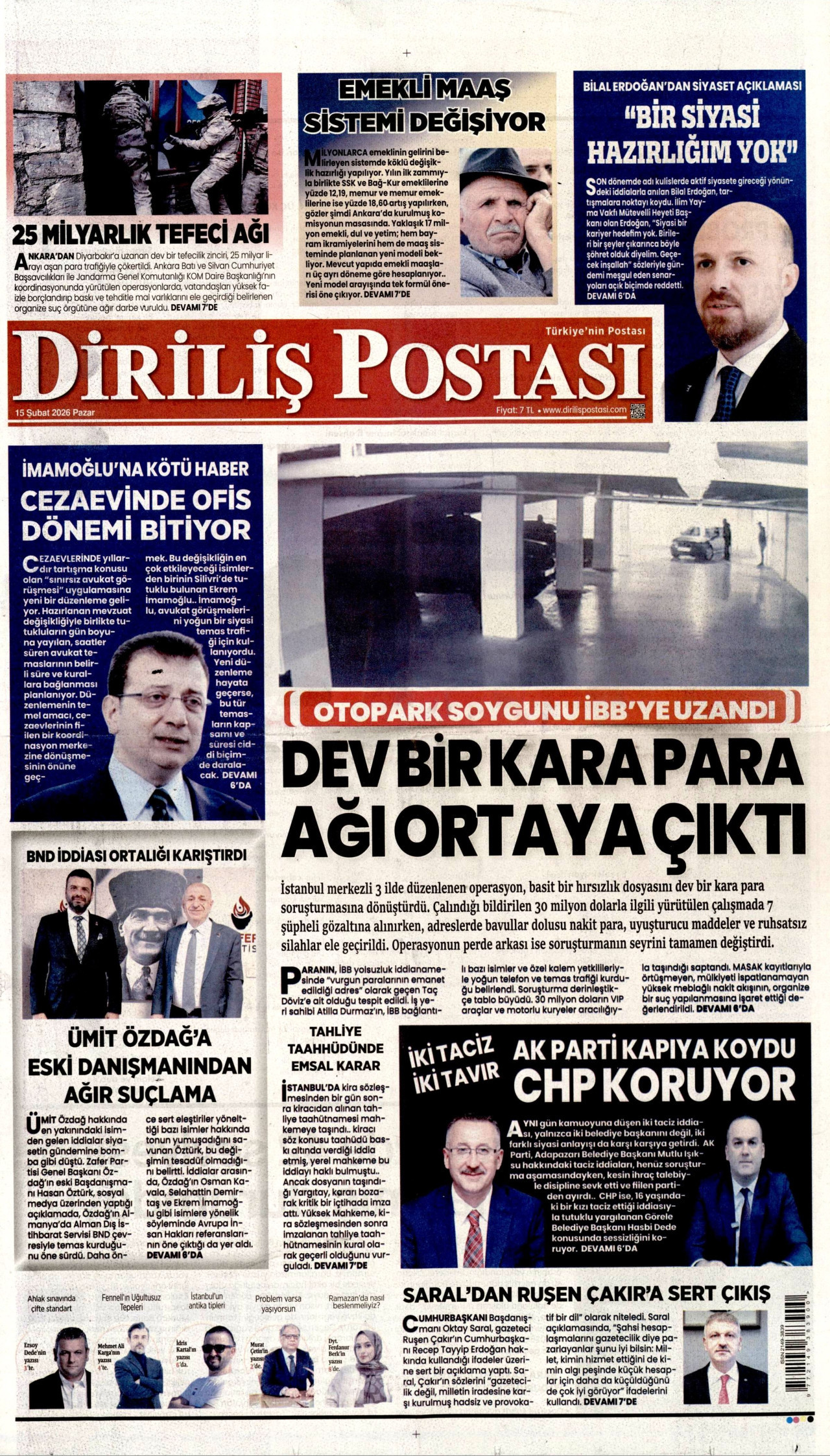 DİRİLİŞ POSTASI gazetesinin 15 Şubat 2026 tarihli birinci sayfası