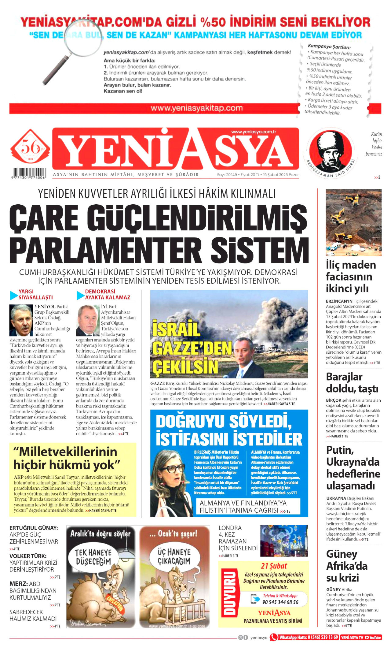 YENİ ASYA gazetesinin 15 Şubat 2026 tarihli birinci sayfası