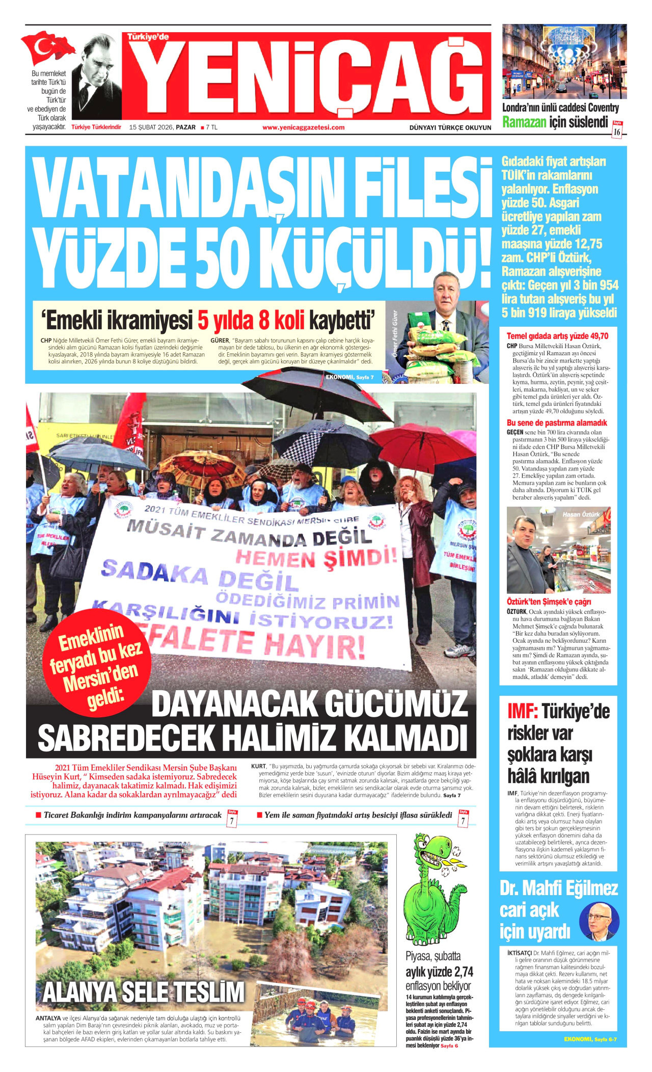 YENİÇAĞ gazetesinin 15 Şubat 2026 tarihli birinci sayfası