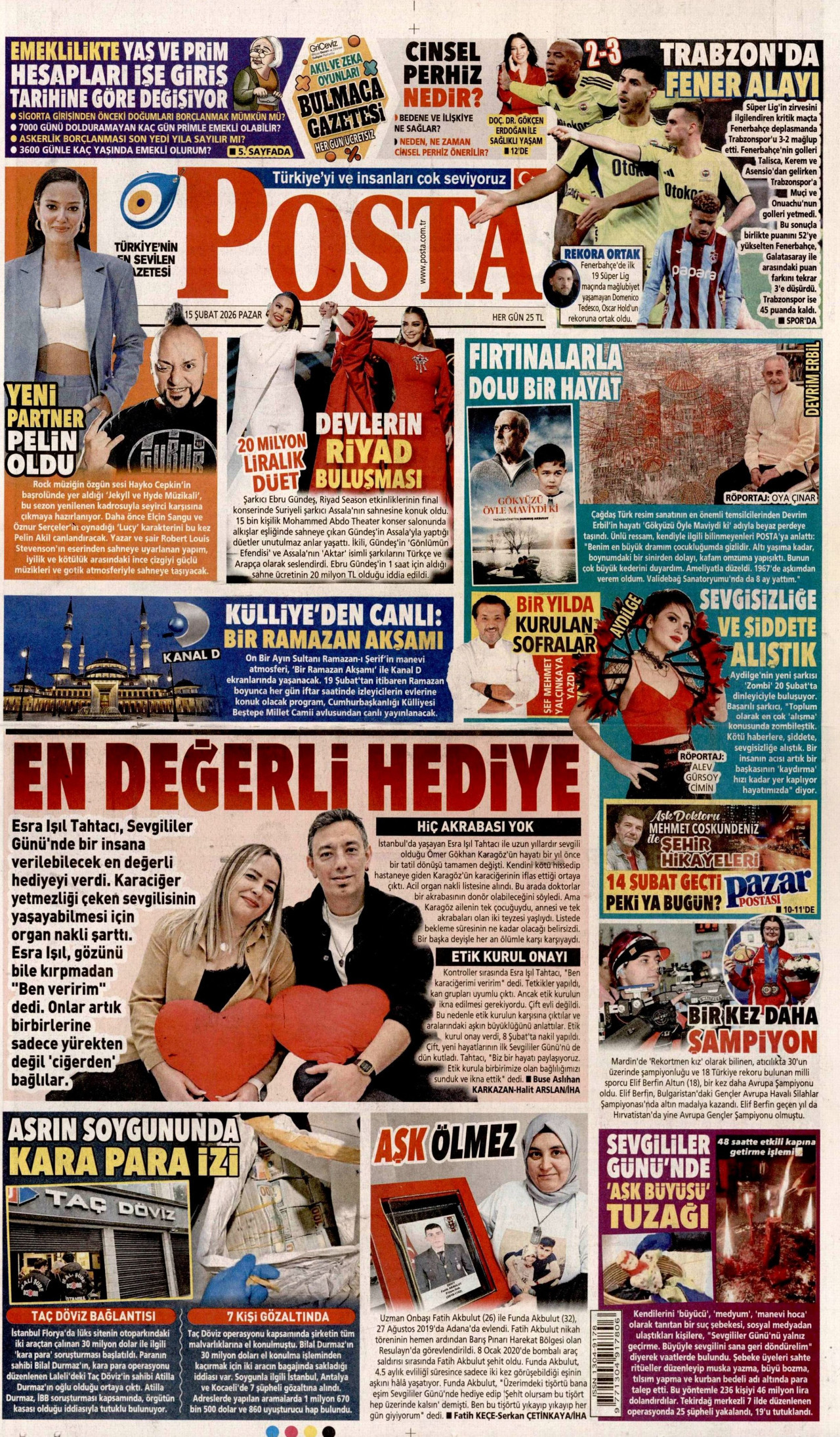 POSTA gazetesinin 15 Şubat 2026 tarihli birinci sayfası