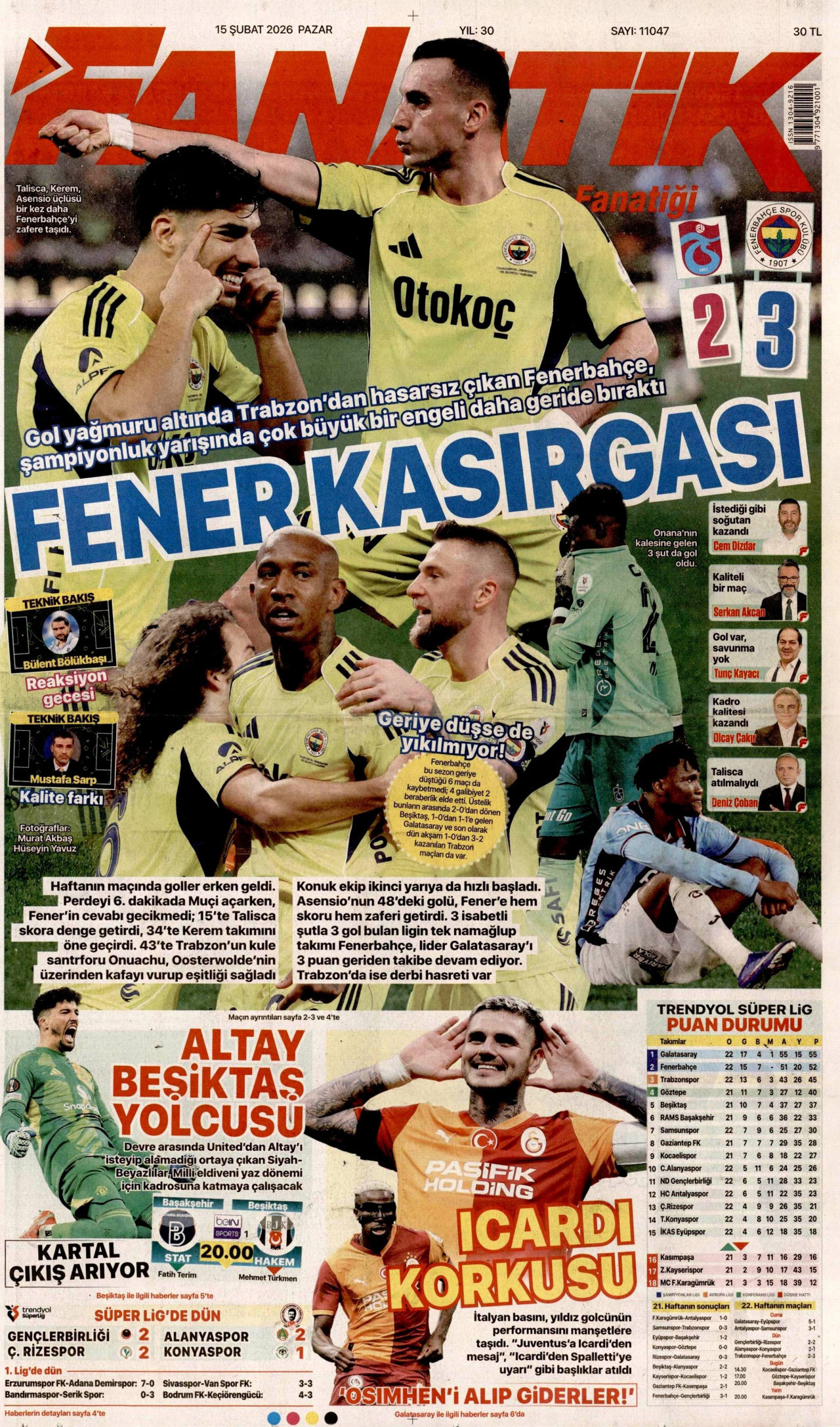 FANATİK gazetesinin 15 Şubat 2026 tarihli birinci sayfası