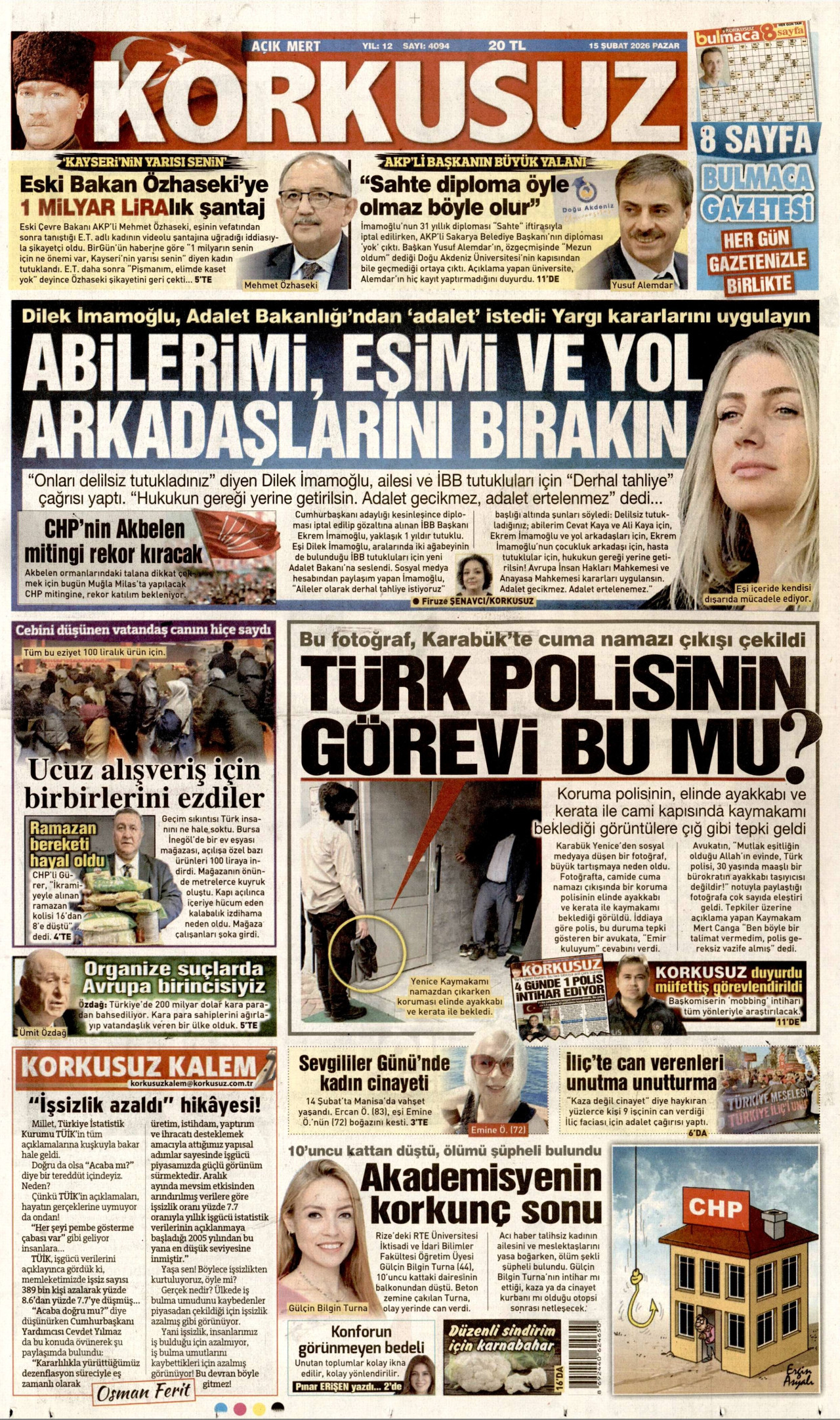 KORKUSUZ gazetesinin 15 Şubat 2026 tarihli birinci sayfası