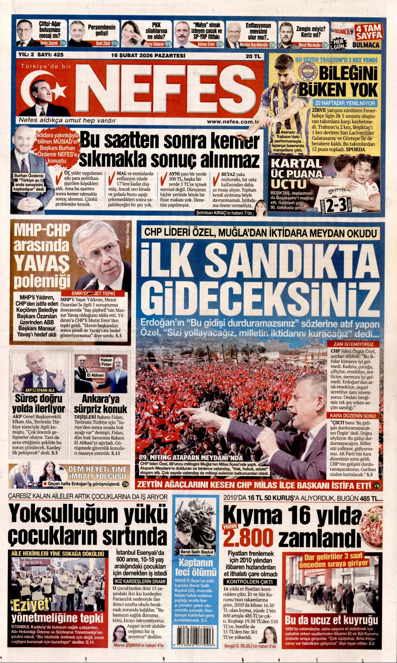 NEFES gazetesinin 16 Şubat 2026 tarihli birinci sayfası