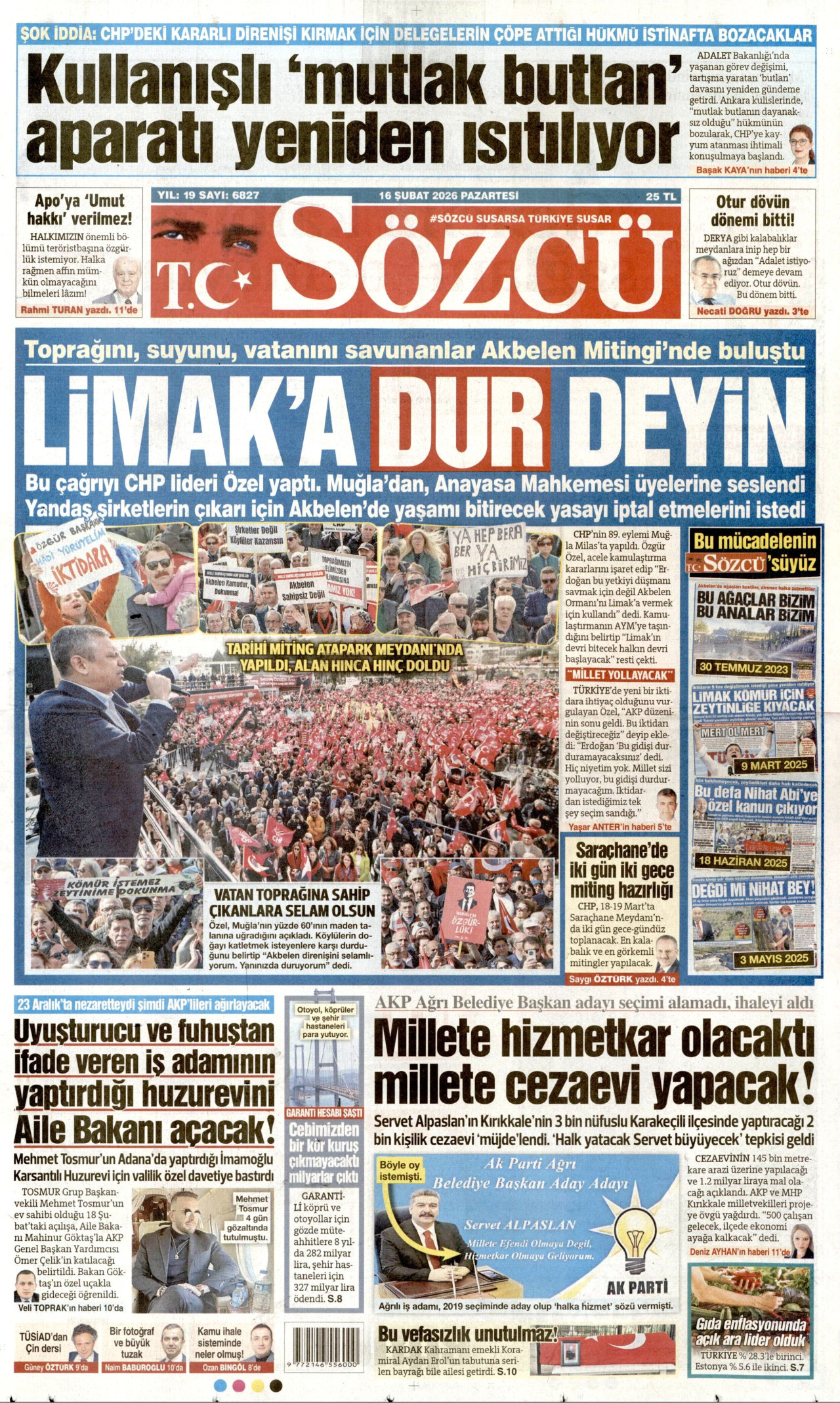 SÖZCÜ gazetesinin 16 Şubat 2026 tarihli birinci sayfası