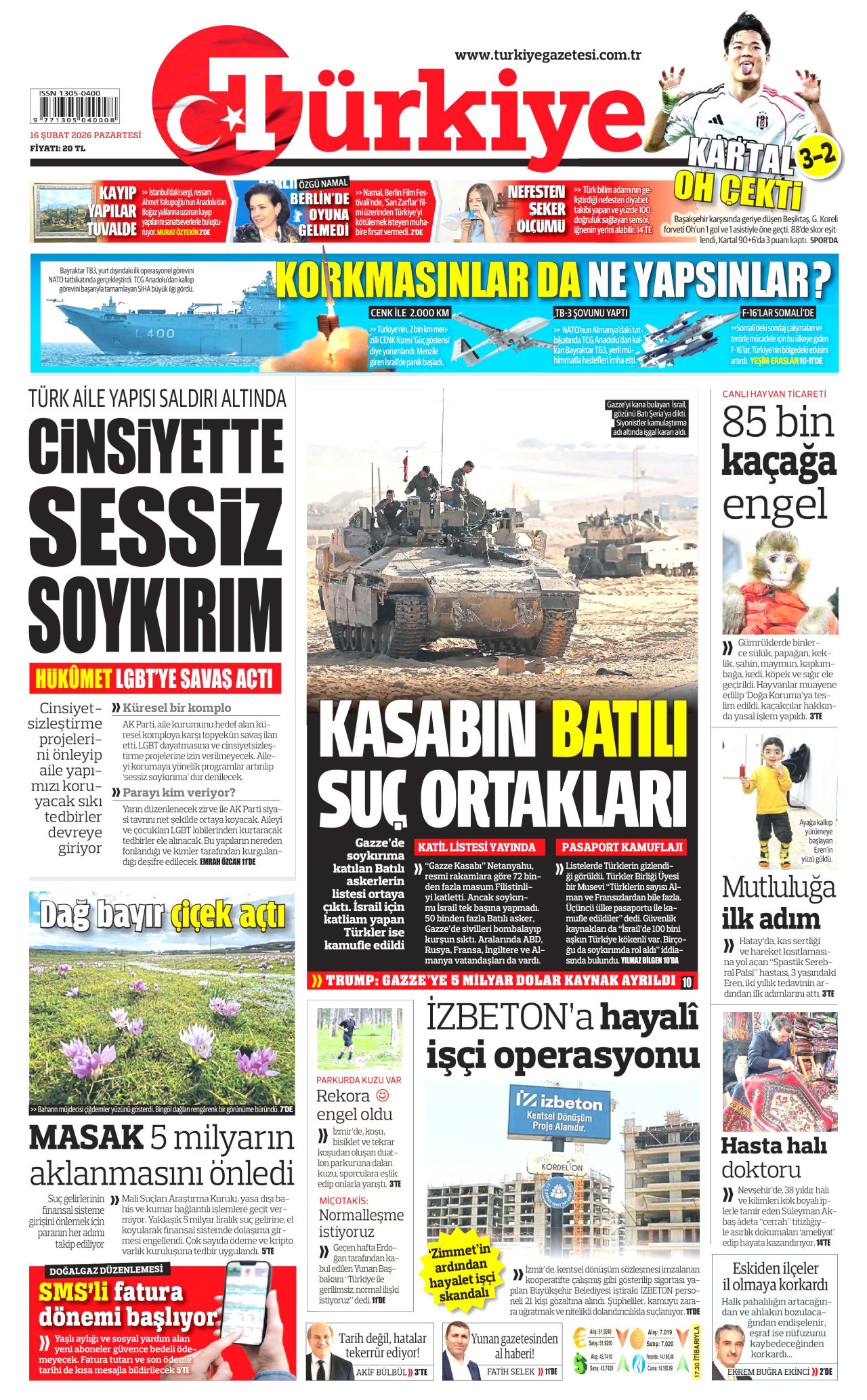 TÜRKİYE GAZETESİ gazetesinin 16 Şubat 2026 tarihli birinci sayfası