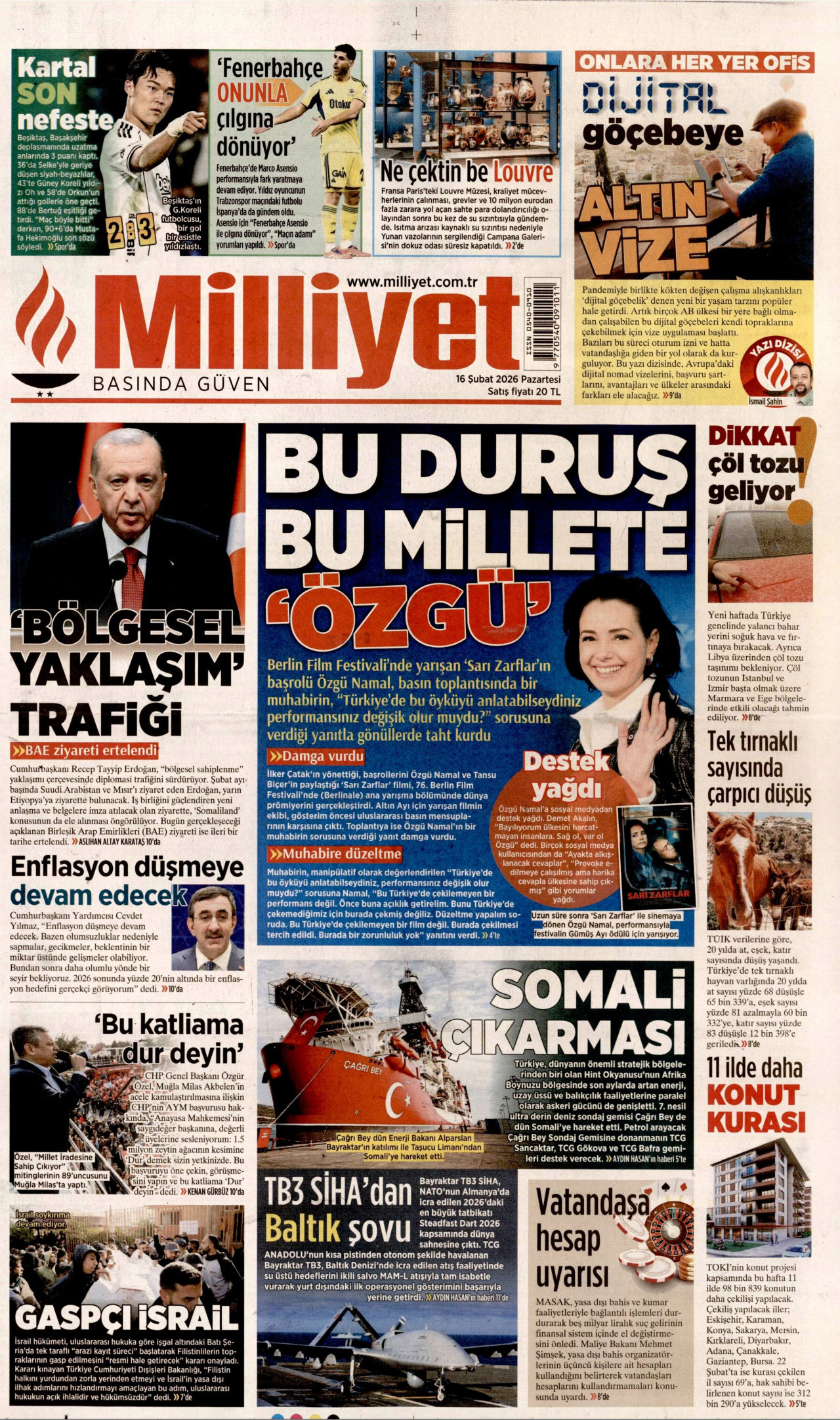 MİLLİYET gazetesinin 16 Şubat 2026 tarihli birinci sayfası