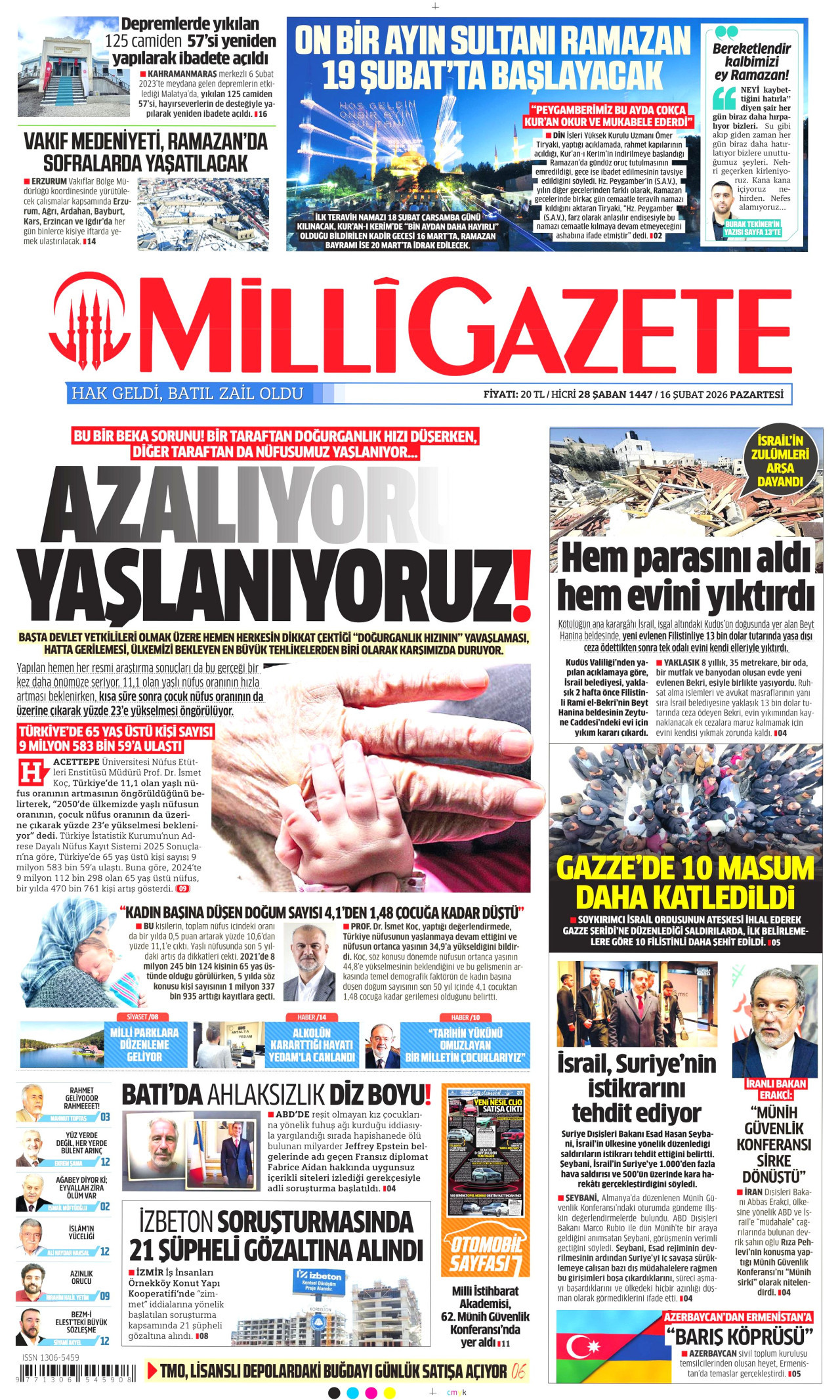 MİLLİ GAZETE gazetesinin 16 Şubat 2026 tarihli birinci sayfası