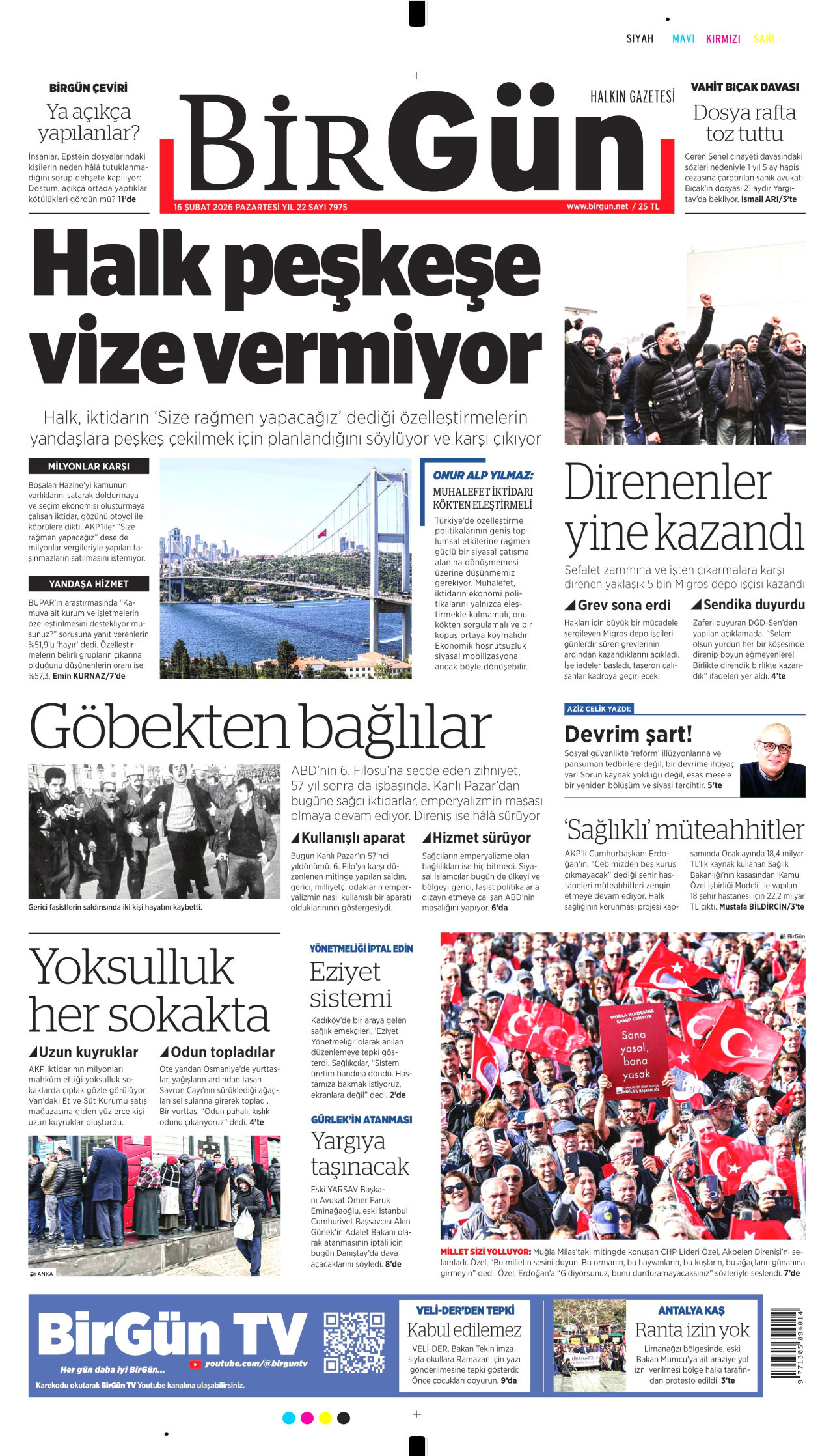 BİRGÜN gazetesinin 16 Şubat 2026 tarihli birinci sayfası