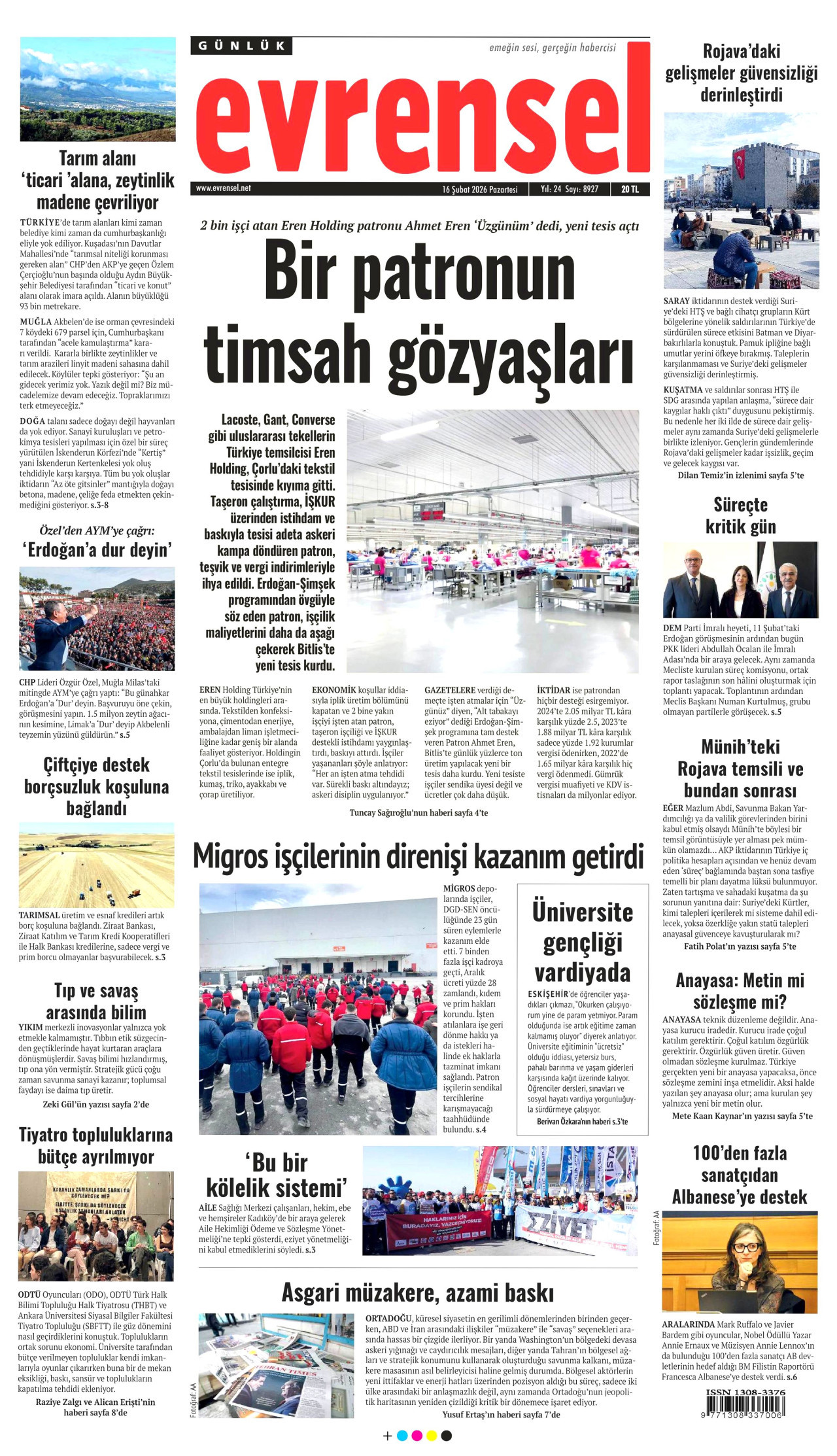 EVRENSEL gazetesinin 16 Şubat 2026 tarihli birinci sayfası