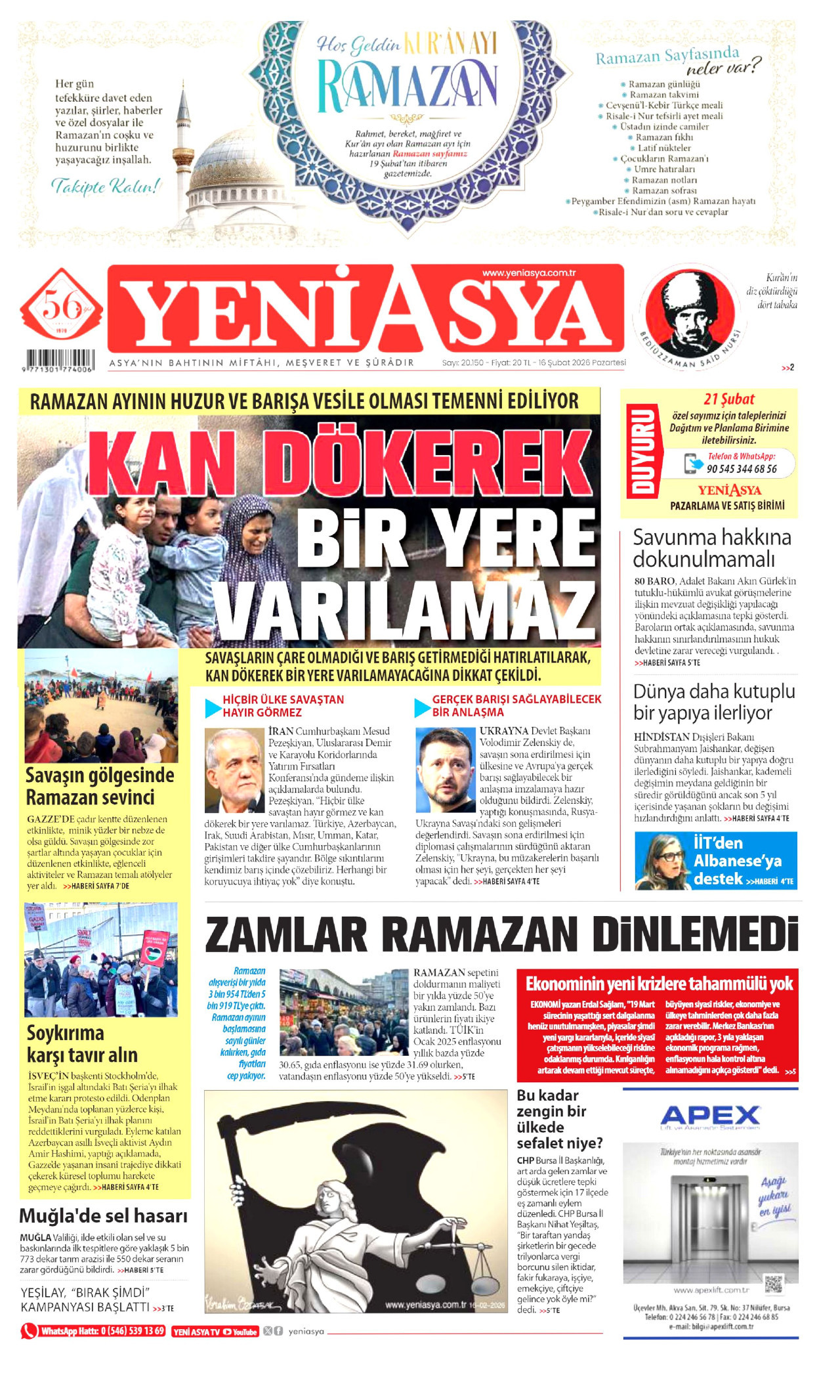 YENİ ASYA gazetesinin 16 Şubat 2026 tarihli birinci sayfası
