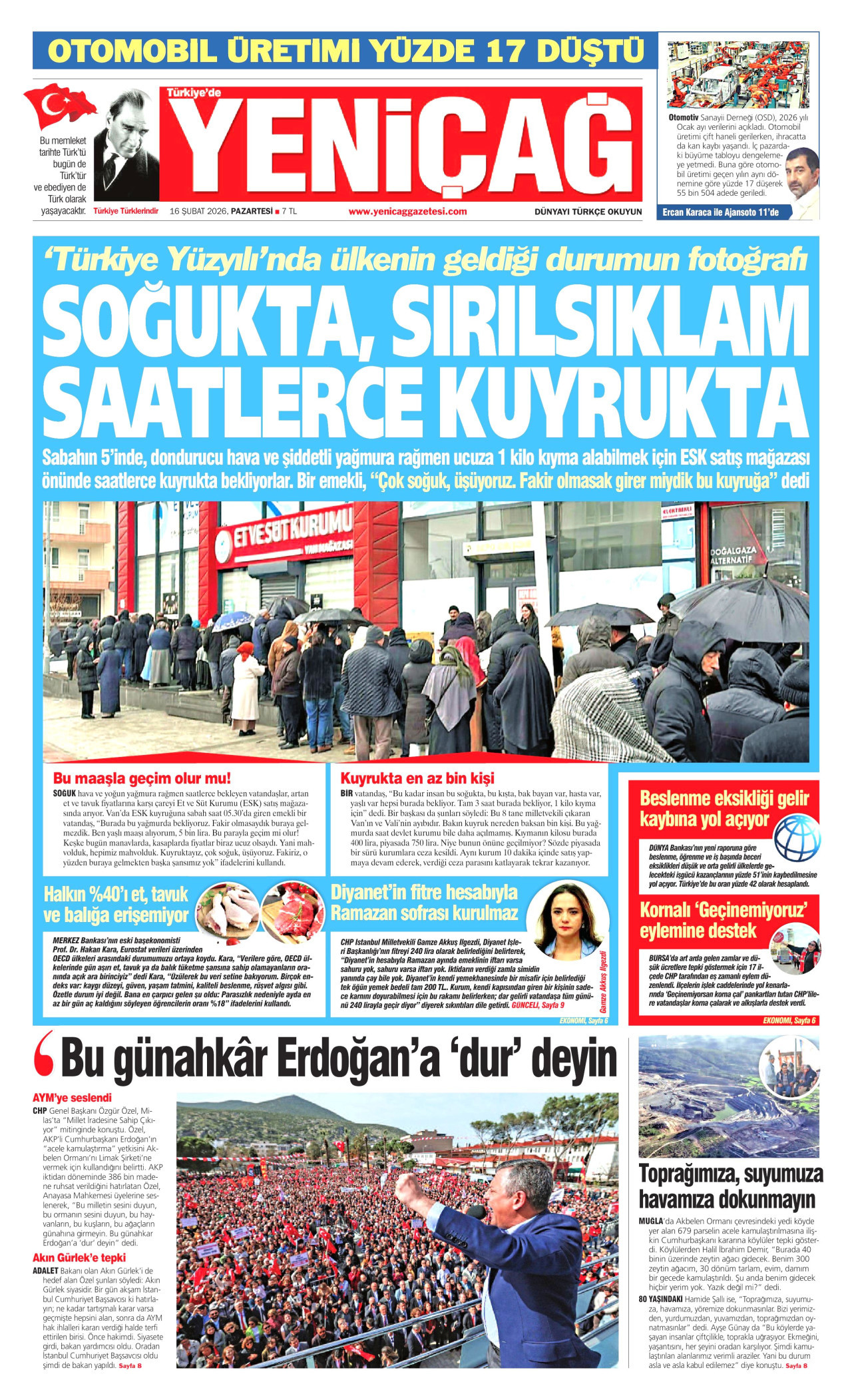 YENİÇAĞ gazetesinin 16 Şubat 2026 tarihli birinci sayfası