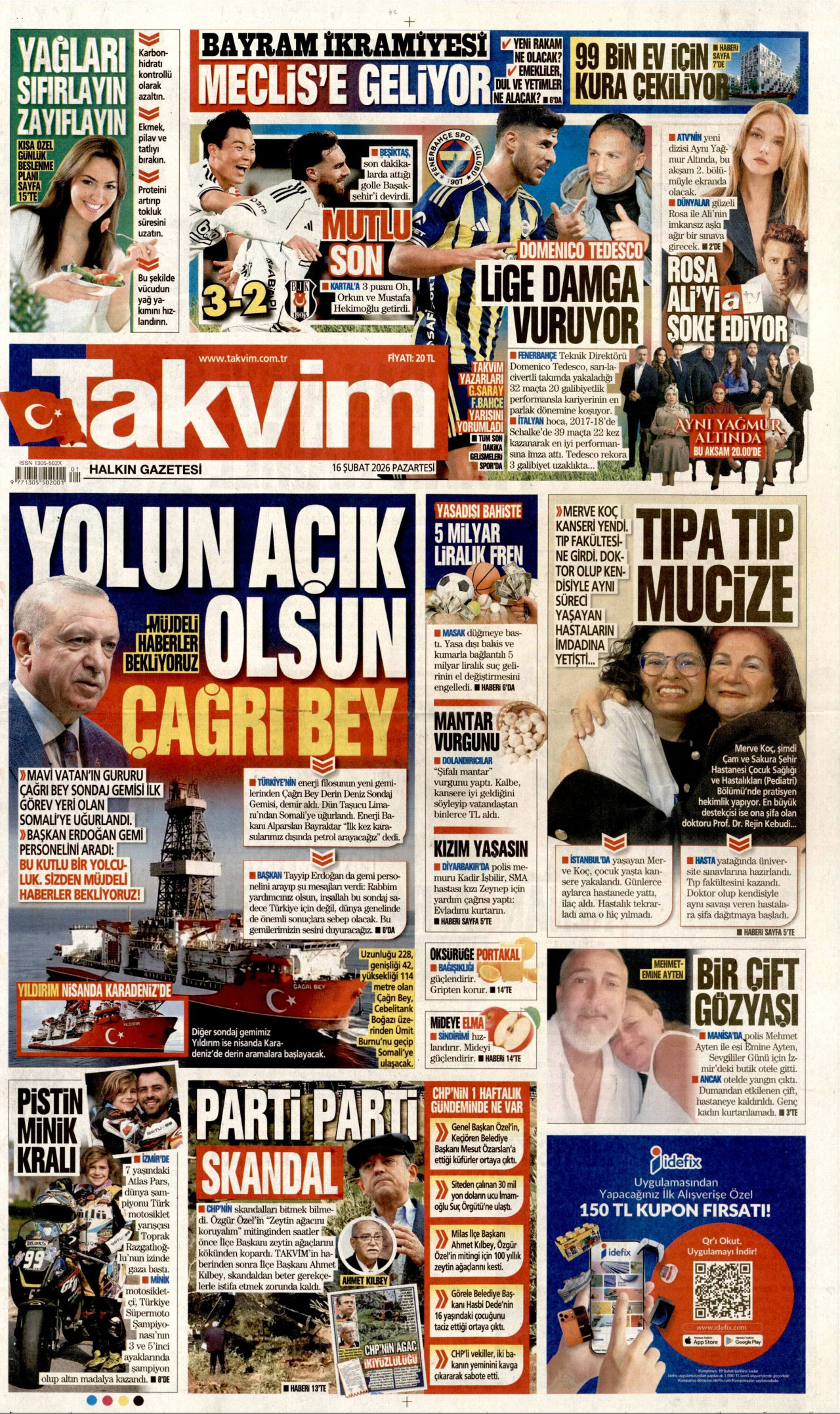 TAKVİM gazetesinin 16 Şubat 2026 tarihli birinci sayfası