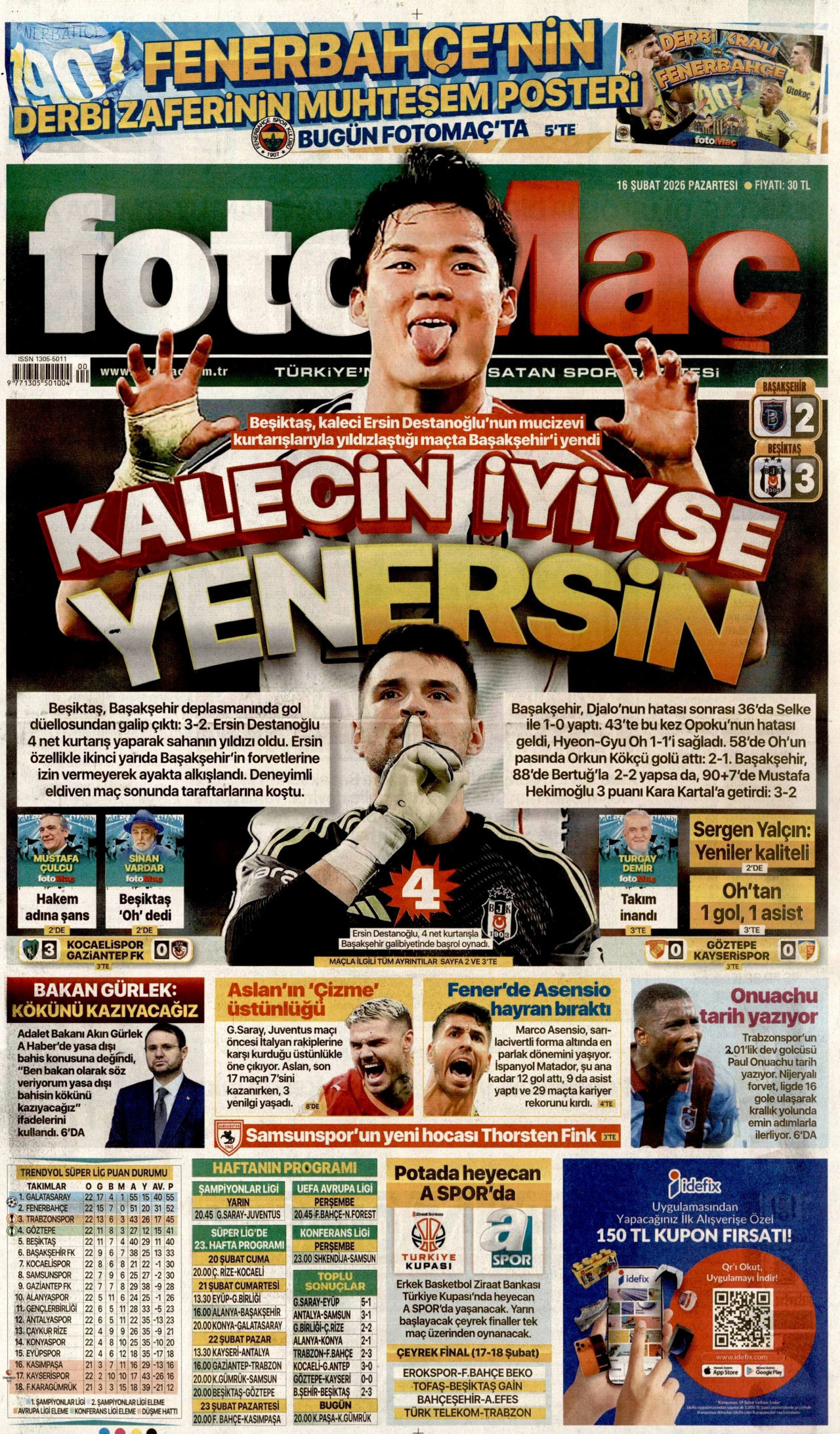FOTOMAÇ gazetesinin 16 Şubat 2026 tarihli birinci sayfası