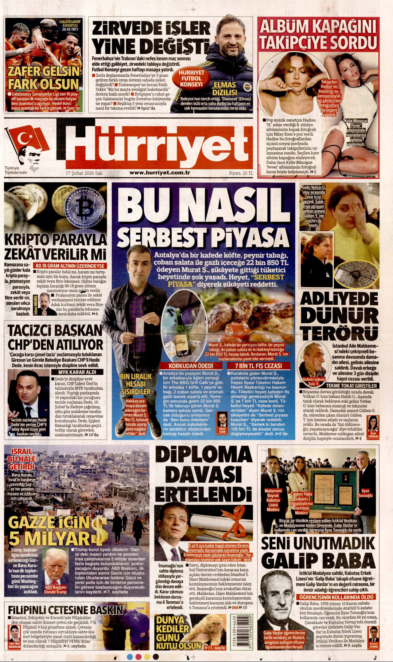 HÜRRİYET gazetesinin 17 Şubat 2026 tarihli birinci sayfası